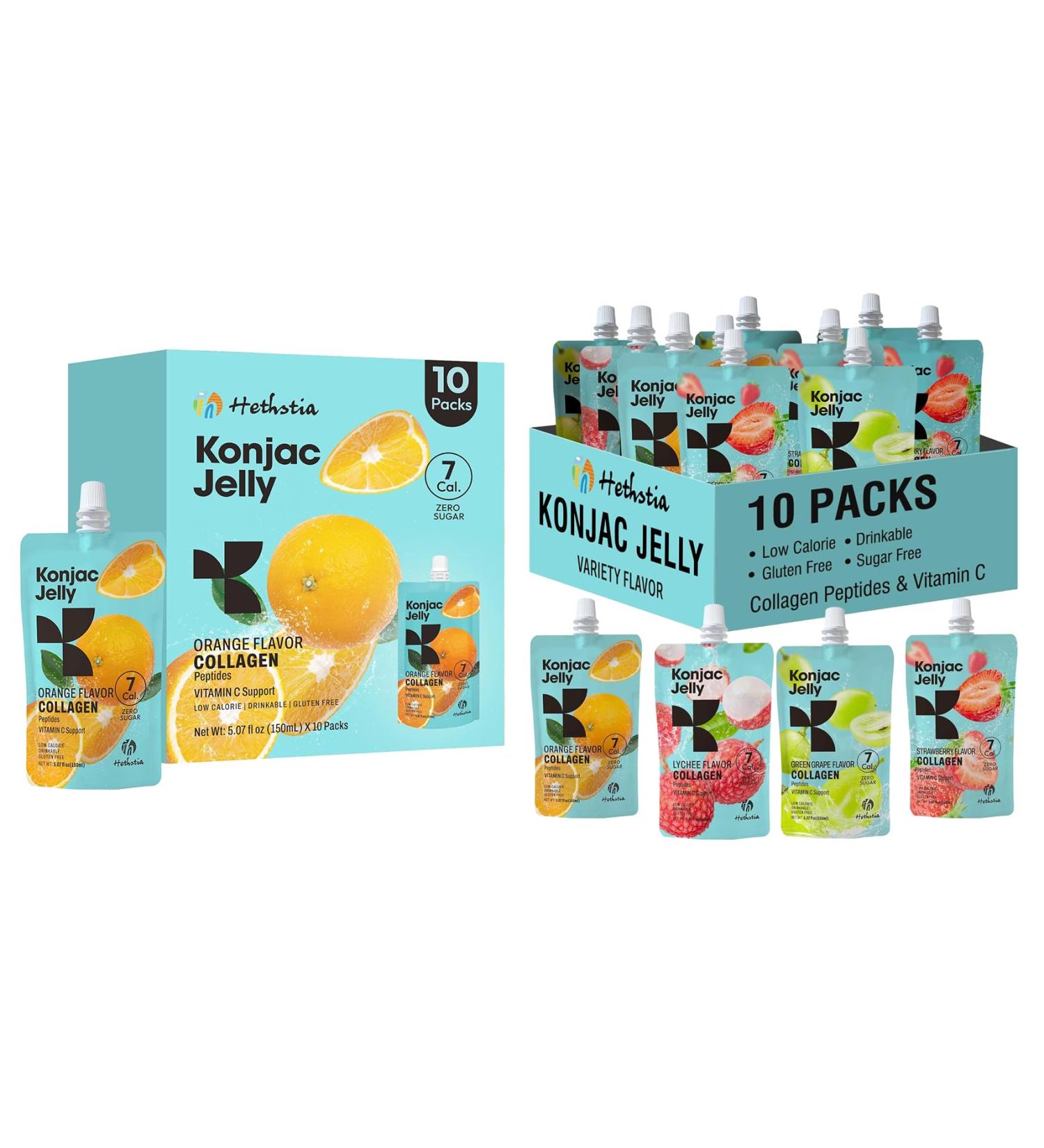 Hethstia Konjac Jelly Collagen Peptides Various Flavors 10-Pack and Orange Konjac Jelly with Collagen Peptides 10 Pouches Fruit Jelly Snacks Low-Calorie Drinkable Jelly with Vitamin C Sugar-Free - Buy Online on GoSupps.com