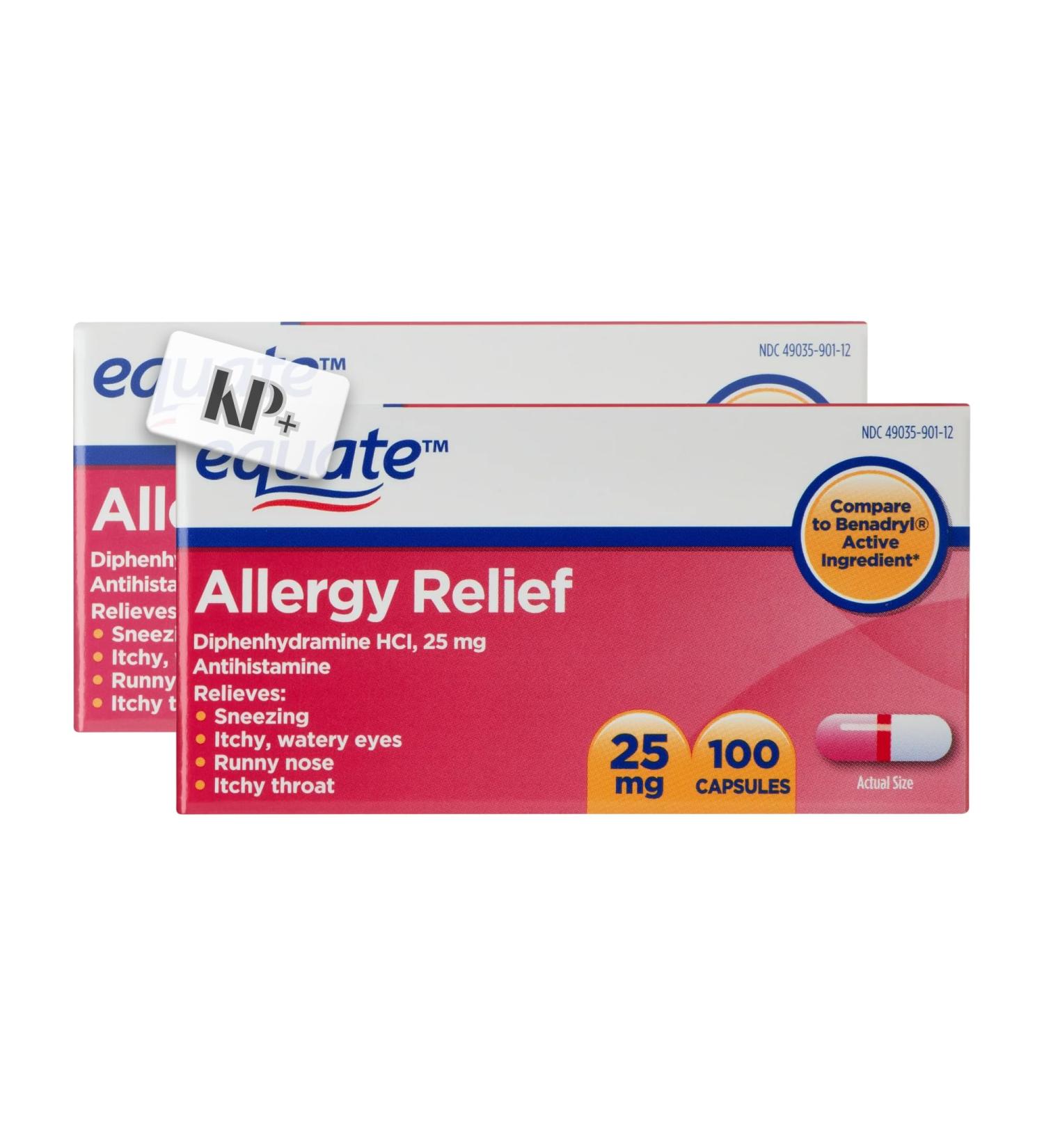 KP+ Allergy Relief Diphenhydramine HCl 25 mg | Antihistamine Allergy Medicine | 100 Capsules | for Sneezing Runny Nose Itchy Eyes & Throat Relief | Pack of 2
