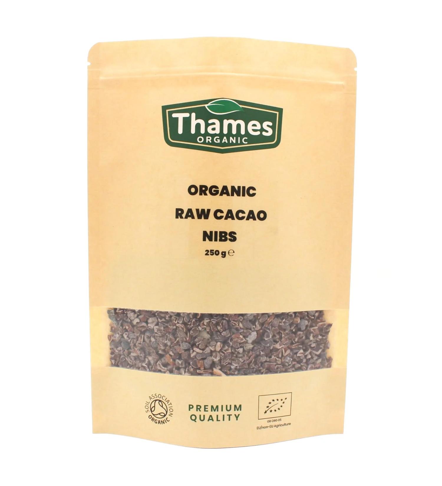 Organic Raw Cacao Nibs-Certified Organic Non-GMO Vegan No Additives No Preservatives Resealable Bag by Thames Organic 250g - Buy Online on GoSupps.com