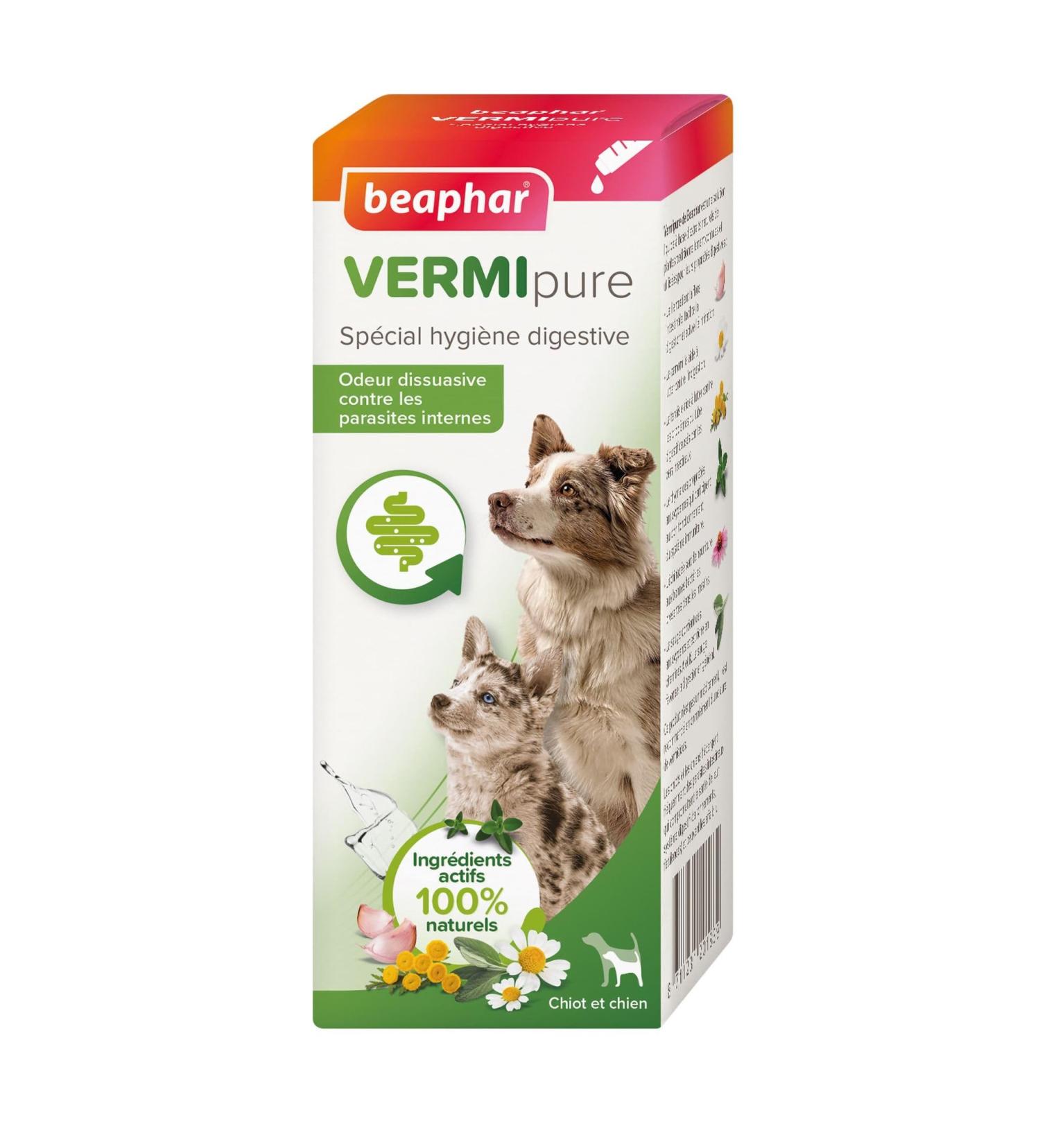BEAPHAR – VERMIPURE – Liquid solution for puppies and dogs – 100% natural active ingredients – Garlic, chamomile, thyme – Special digestive hygiene – Deterrent odor against internal parasites – 50 ml