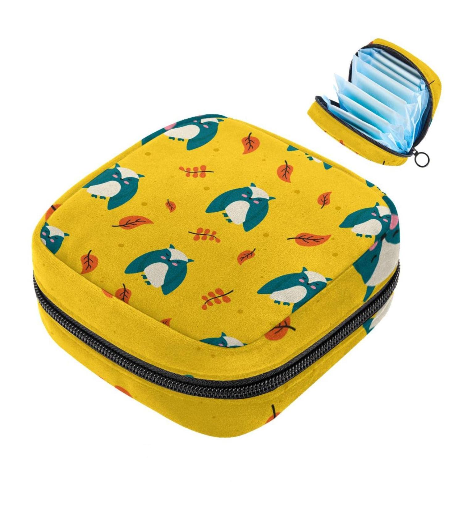 Stylish Menstruation Pad Bag with Zipper | Cute Cartoon Owl & Maple Leaf Pattern | Perfect Women & Girls Tampon Pouch - Buy Online on GoSupps.com