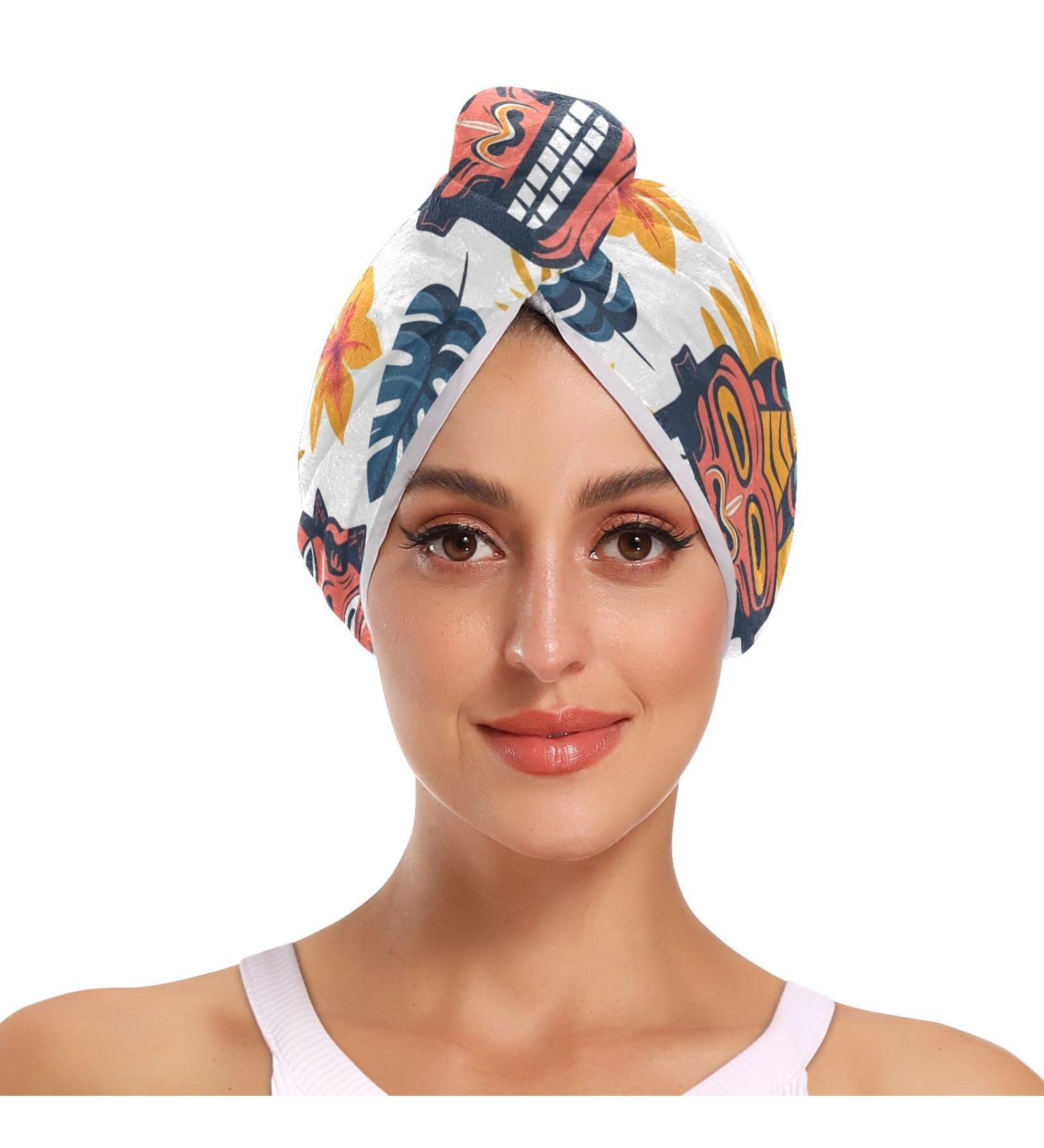 Seamless Tropical Aloha Totem Mask Hair Towel 2 Pack | Super Absorbent Quick Dry Hair Turbans for Women & Girls - Buy Online on GoSupps.com