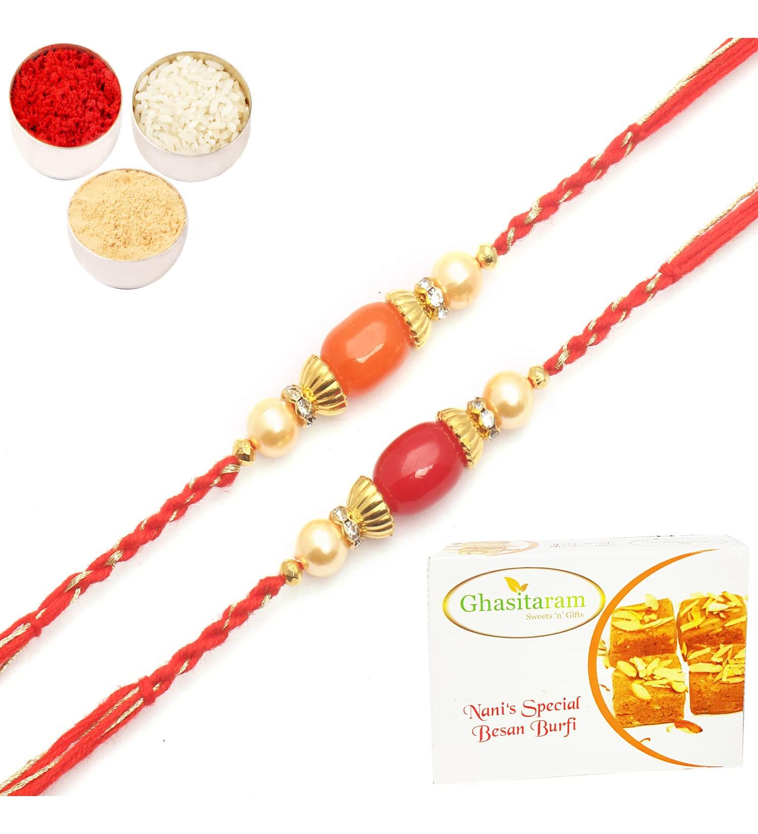 Ghasitaram Gifts Rakhi for Brother Rakhis Online - Set of 2-6794 Rakhis with 200 GMS of Besan Barfi Rakhi Set with 200 gms of Besan Barfi - Buy Online on GoSupps.com