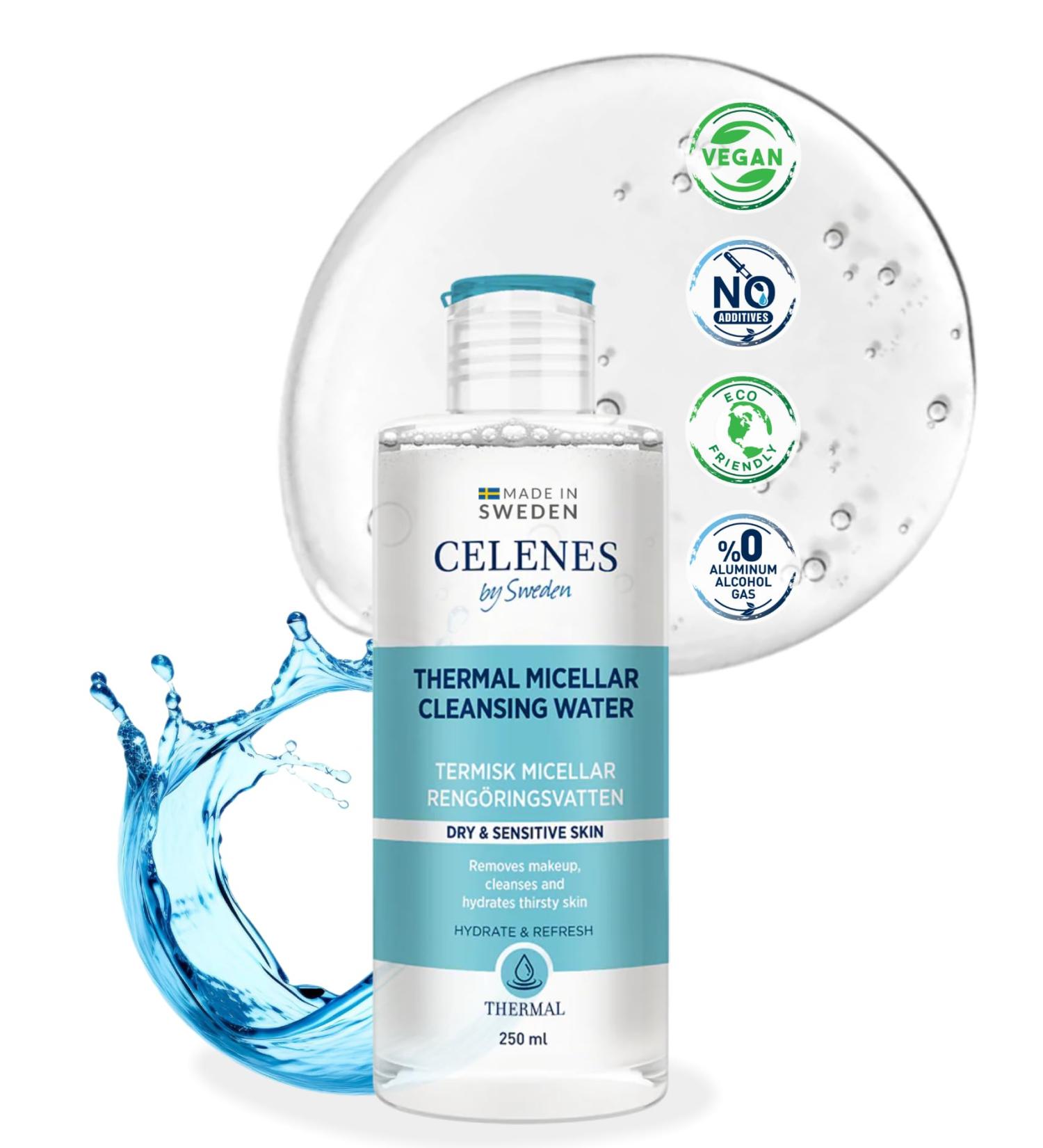 Celenes by Sweden - Advanced Thermal Micellar Cleansing Water for Dry and Sensitive Skin Alcohol and Parabens Soothing Bisabolol Formula Mild Makeup Remover 250ml - Buy Online on GoSupps.com