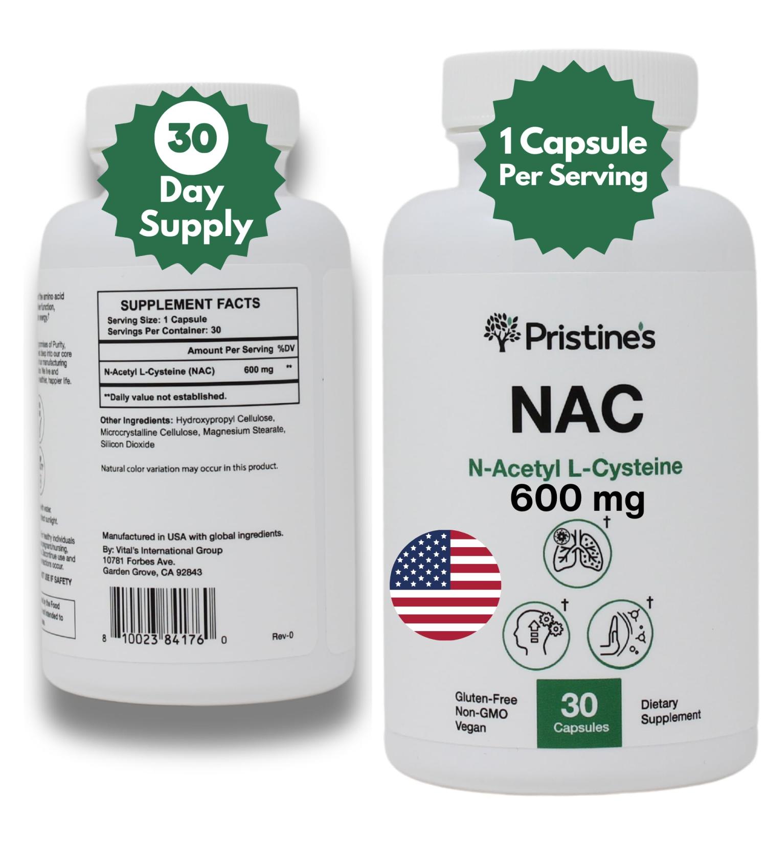 PRISTINE N-Acetyl L-Cysteine (NAC) 600MG - 30-Day Lung & Liver Immunity Antioxidant Capsules for Mood & Mental Health Support - International Shipping Available - Buy Online on GoSupps.com