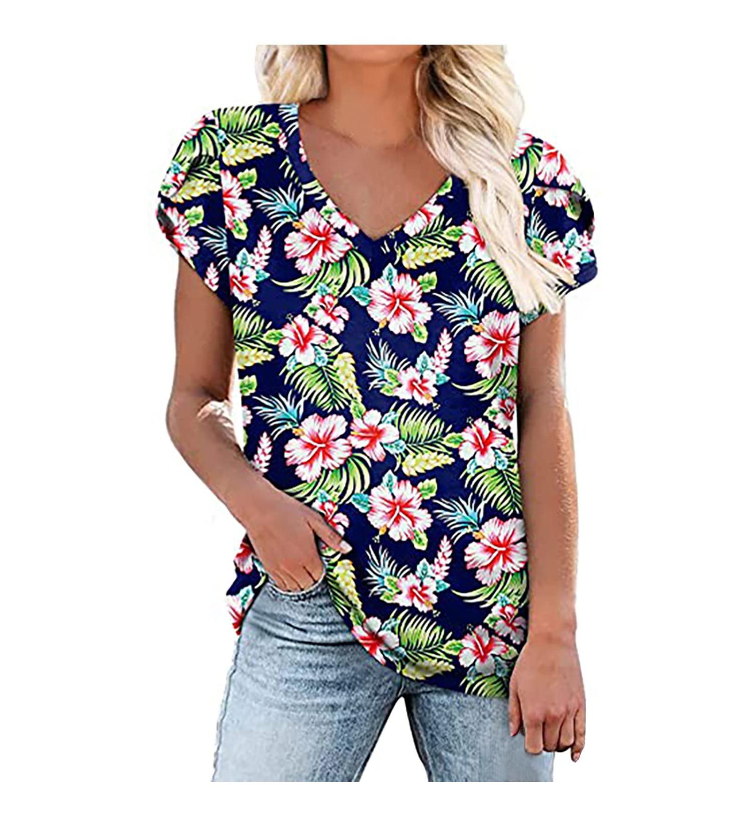 Petal Sleeve Women's Loose V-Neck Top | Floral Print Lightweight Blouse | Blue - Large - Buy Online on GoSupps.com
