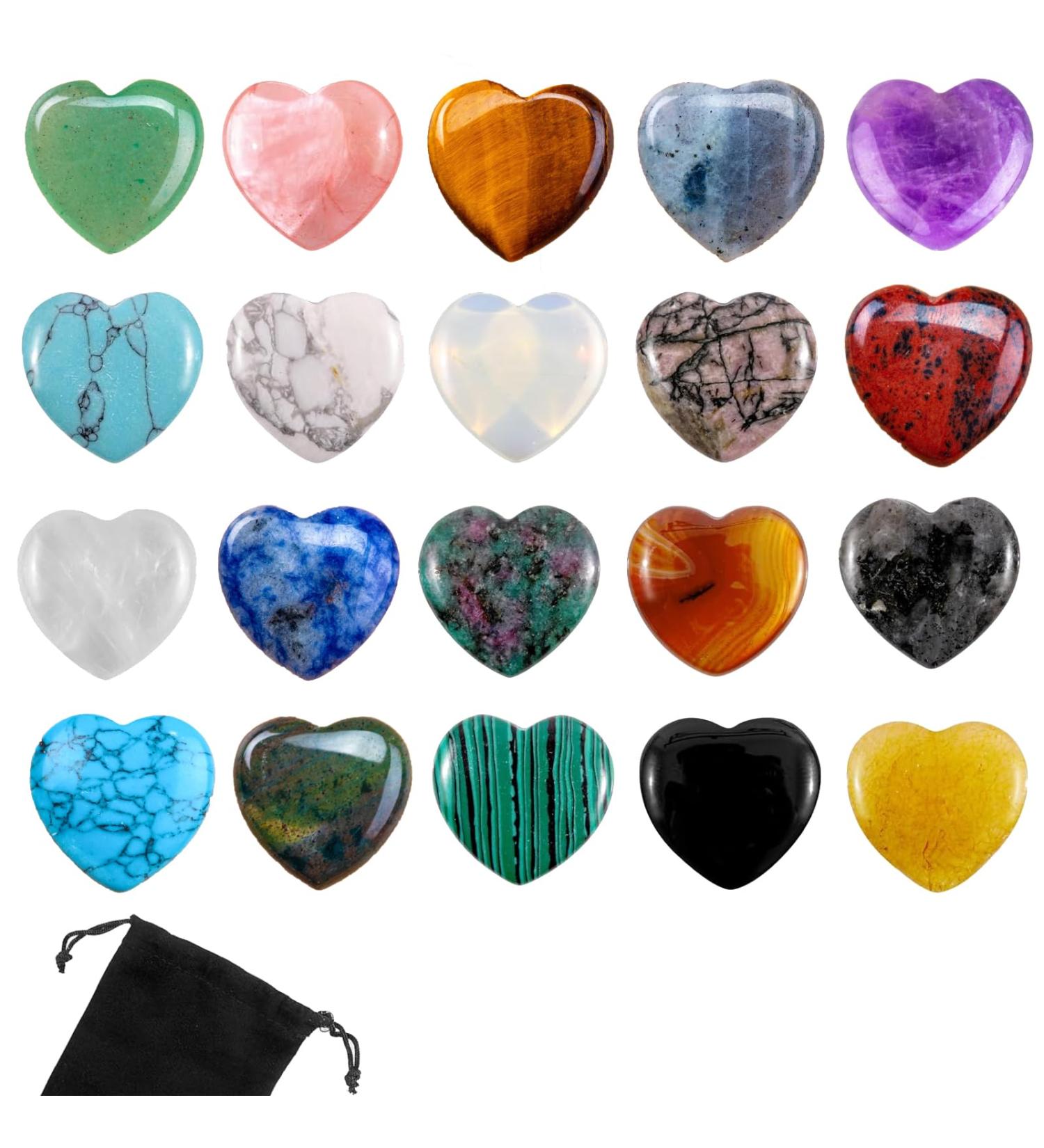 Tyrzol 20 Pcs Healing Crystals Natural Heart Stones Set - Gemstones for Stress Relief, Meditation, Yoga - Includes Storage Bag - Perfect Gift for Beginners - Buy Online on GoSupps.com