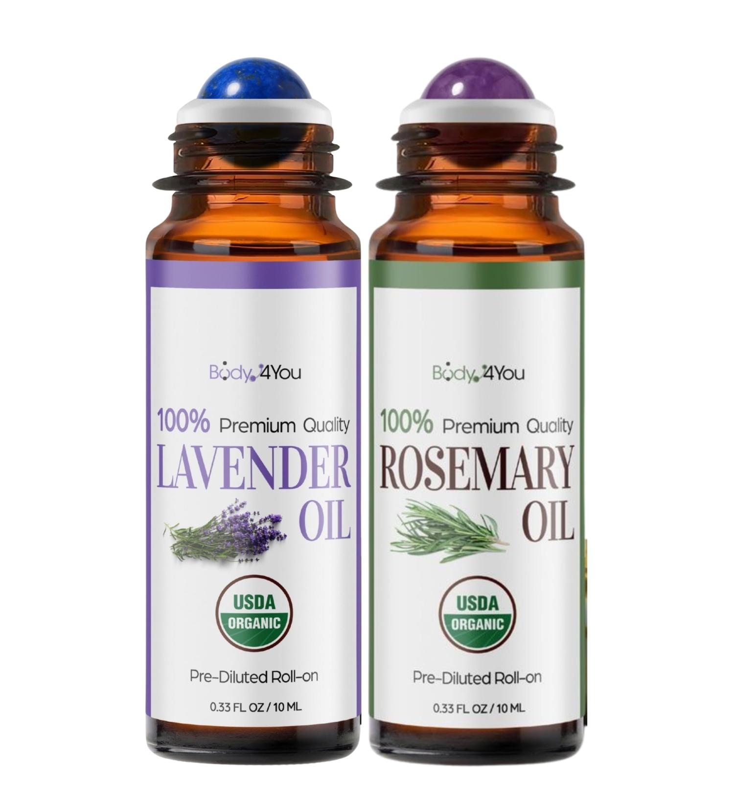 BodyJ4You Lavender + Rosemary Essential Oil Roll On Duo - Pure 100% USDA Organic MCT Coconut Oil - Natural Amethyst Stone Rollers - Calm Aroma Sleep Prep Scalp Massage Focus - Amber Glass Bottle Rolle - Buy Online on GoSupps.com