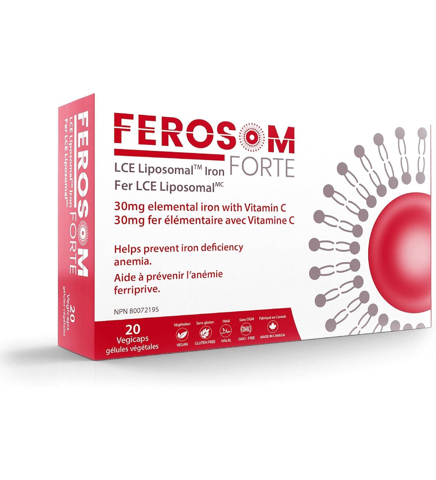 Ferosom Forte LCE Liposomal Iron Iron Supplement Capsule Gentle on the Stomachs 30g Elemental Iron with Vitamin C One-A-Day Easy to Swallow Iron Pills for Women and Men 20 Vegan Iron Capsules - Buy Online on GoSupps.com