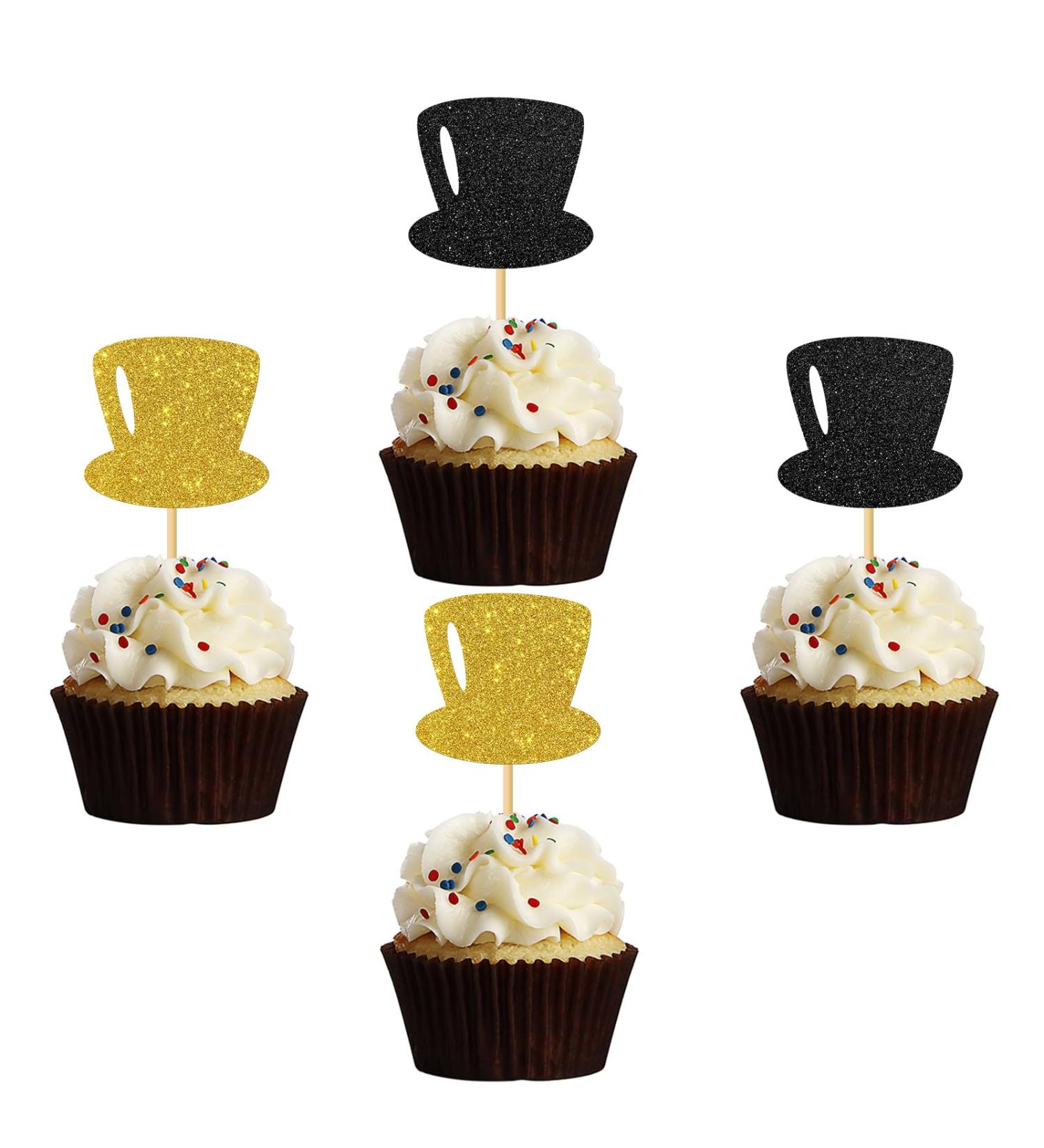 MonMon & Craft Top Hats Cupcake Toppers - Funny Birthday Cupcake Toppers - Magic Theme Baby Shower Wedding Party Cupcake Decorations - Boys Men Birthday Cupcake Toppers Black Gold Glitter 24 Pcs - Buy Online on GoSupps.com
