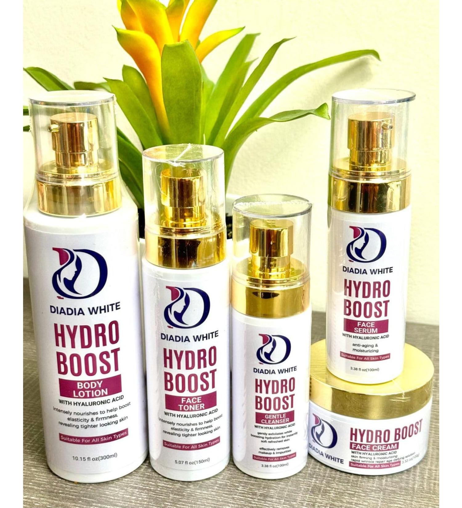 Diadia White Cosmetics Hydro Boost Age-Defying Set Hyaluronic Acid Skincare Set Age-Preventing Face Cream Moisturizing Serum Gentle Cleanser Body Lotion Face Toner for Women 5-in-1