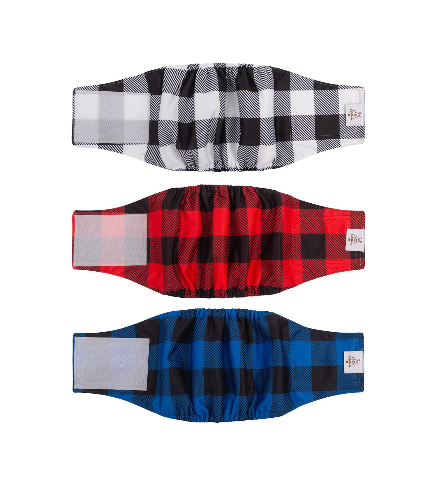 Cuteebone Male Washable Dog Diapers - 3 Pack Reusable Belly Bands for Dogs | High-Suction Flexible Velcro Classic Plaid - XS (23-28cm) - Buy Online on GoSupps.com