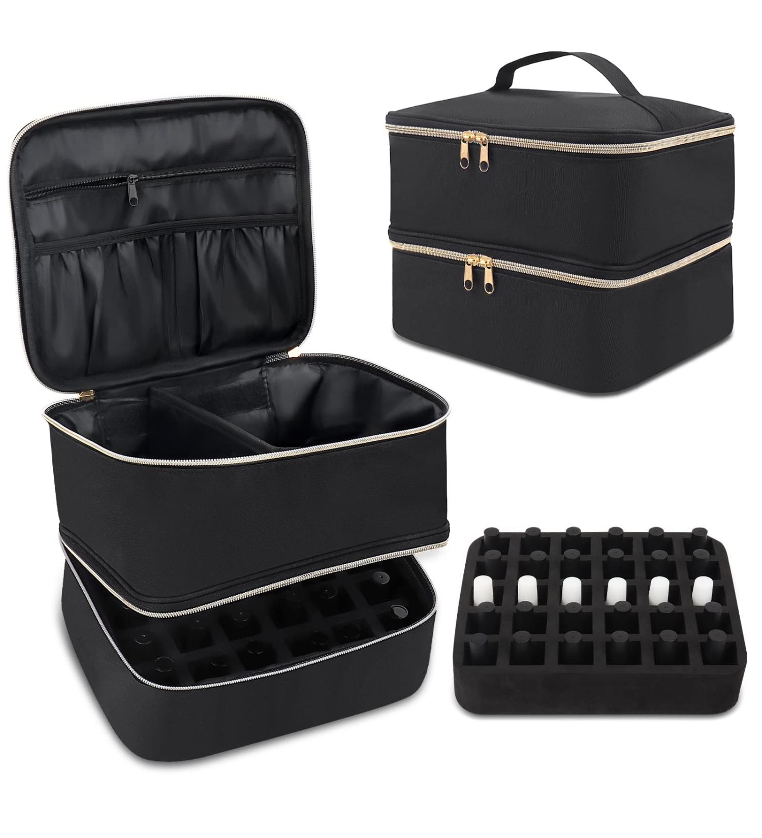 LIONVISON Double Layer Nail Polish Storage Bag - Holds 30 Bottles Gel Polish, 1 LED Lamp - Travel Makeup Organizer in Black - Buy Online on GoSupps.com