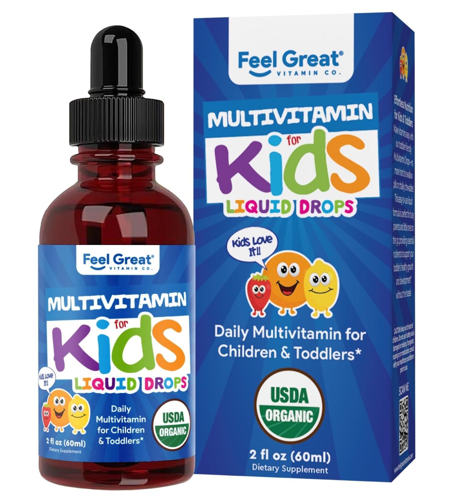 Feel Great Vitamins Organic Multivitamin Liquid Drops for Toddlers & Kids | Daily Essential Nutrients for Healthy Growth | No Iron Sugar-Free | USDA Organic Vegan Non-GMO Gluten-Free | 2 Fl Oz Kids Multivitamin Drops -  - Buy Online on GoSupps.com