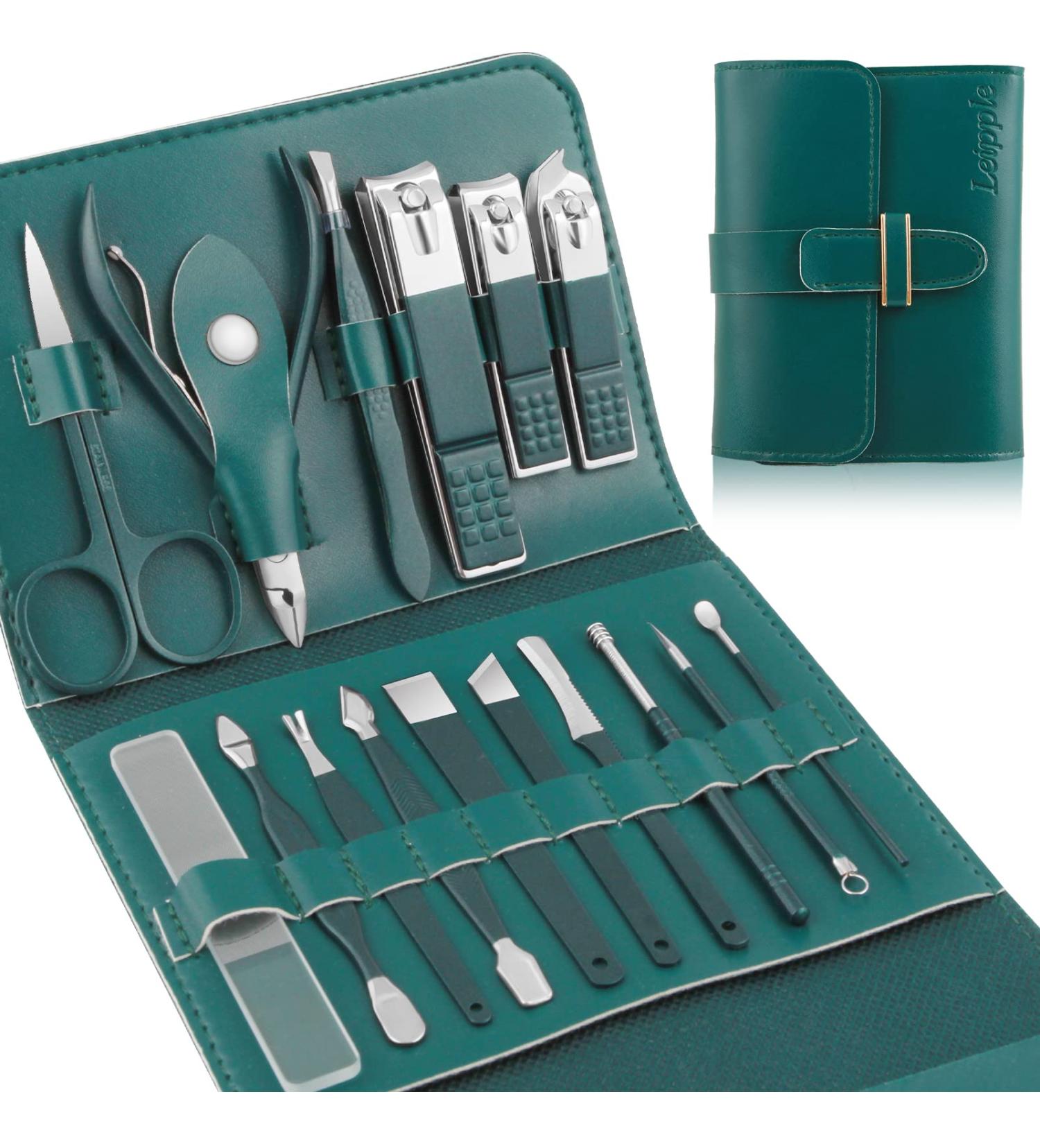 Manicure Set Professional Nail Clippers Pedicure Kit 16 pcs Stainless Steel Nail Care Tools Grooming Kit with Luxurious Travel Leather Case for Thick Nails Men Women Gift (Green) - Buy Online on GoSupps.com
