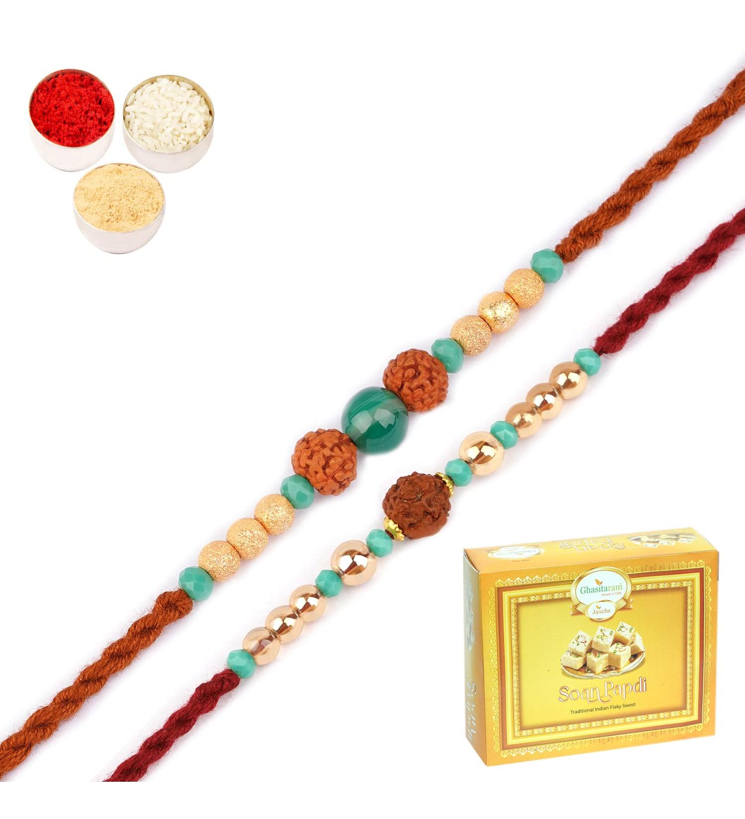 Ghasitaram Gifts Rakhi for Brother Rakhis Online - Set of 2-1891 and 1903 Rudraksh Rakhis with 200 GMS of Soan Papdi - Buy Online on GoSupps.com