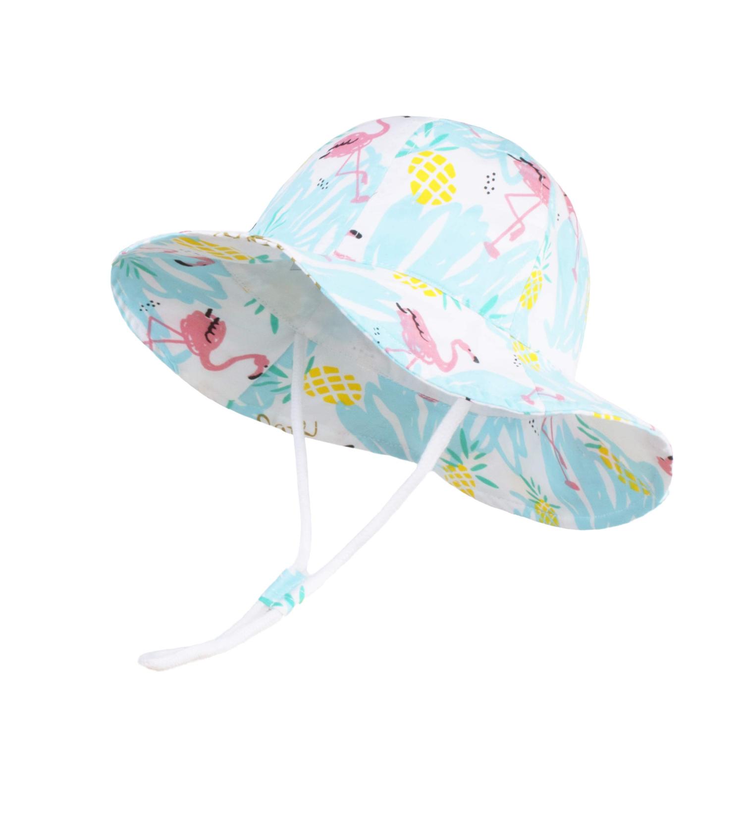 LANGZHEN Flamingo Beach Sun Hat for Baby Girls | Adjustable Wide Brim Toddler Kids Play Hat with Chin Strap - 1-2 Years - Buy Online on GoSupps.com