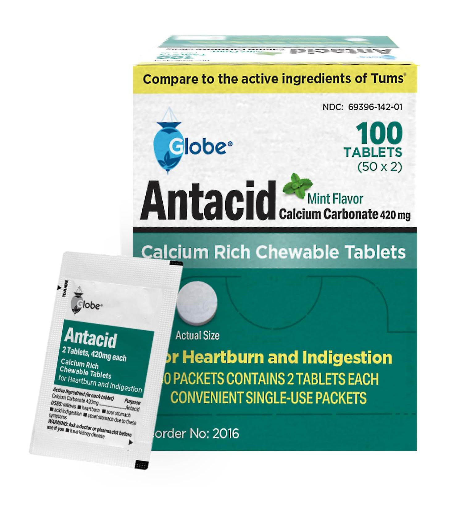Globe Chewable Mint Antacid Tablets for Acid Indigestion Heartburn and Upset Stomach - 50 Packets of 2 Tablets Each 100 Count. Made in The USA - Buy Online on GoSupps.com