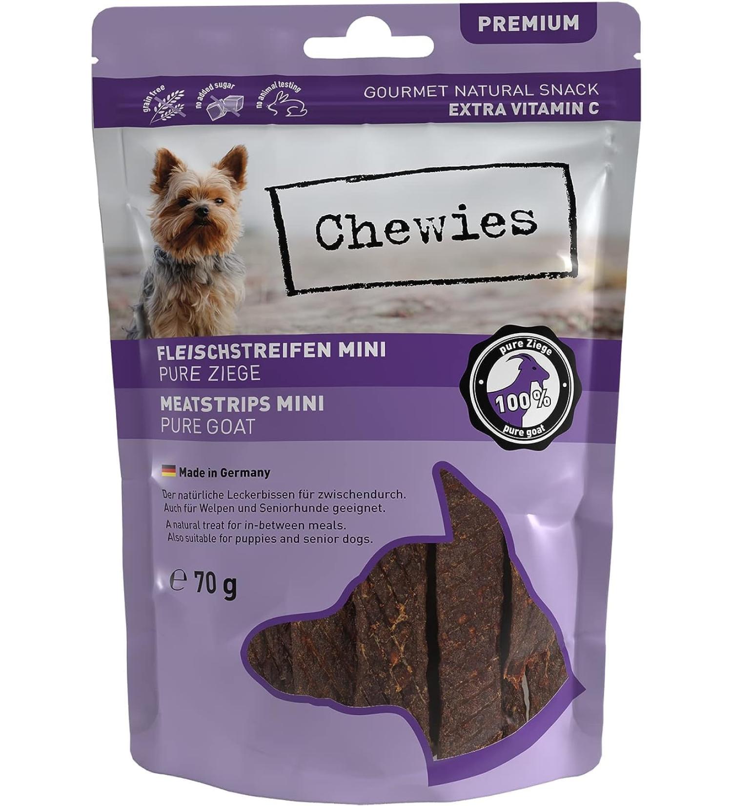 Chewies Mini Goat Meat Strips for Dogs - 100% Hypoallergenic Grain-Free Treats - 70g Dried Goat Snacks - Buy Online on GoSupps.com