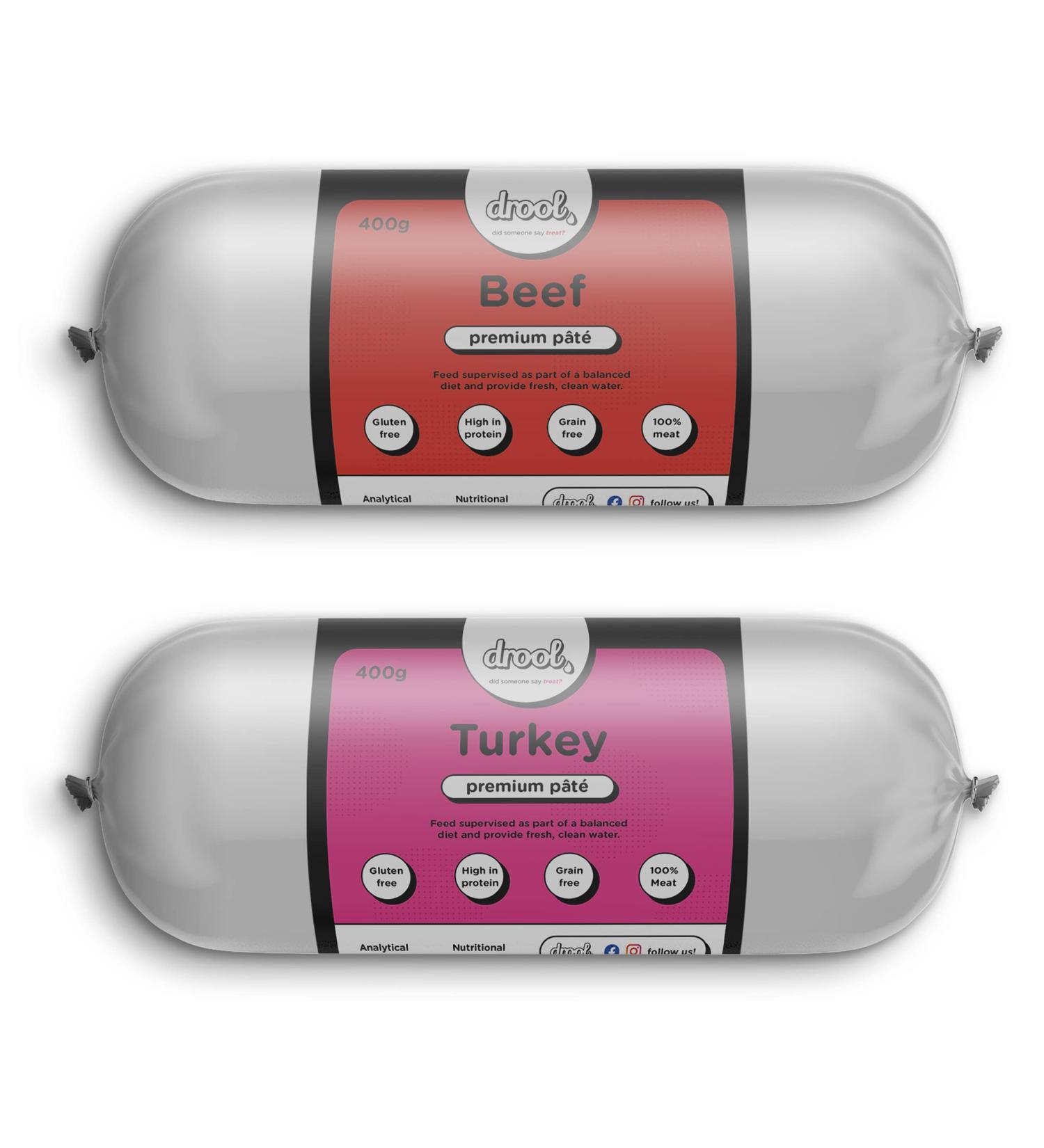 Drool Pet Products Dog Food Pate 1 x Beef Pate 1 x Turkey Pate | Twin pack 2 x 400g | Premium Pate | Dog Pate Tube - Buy Online on GoSupps.com