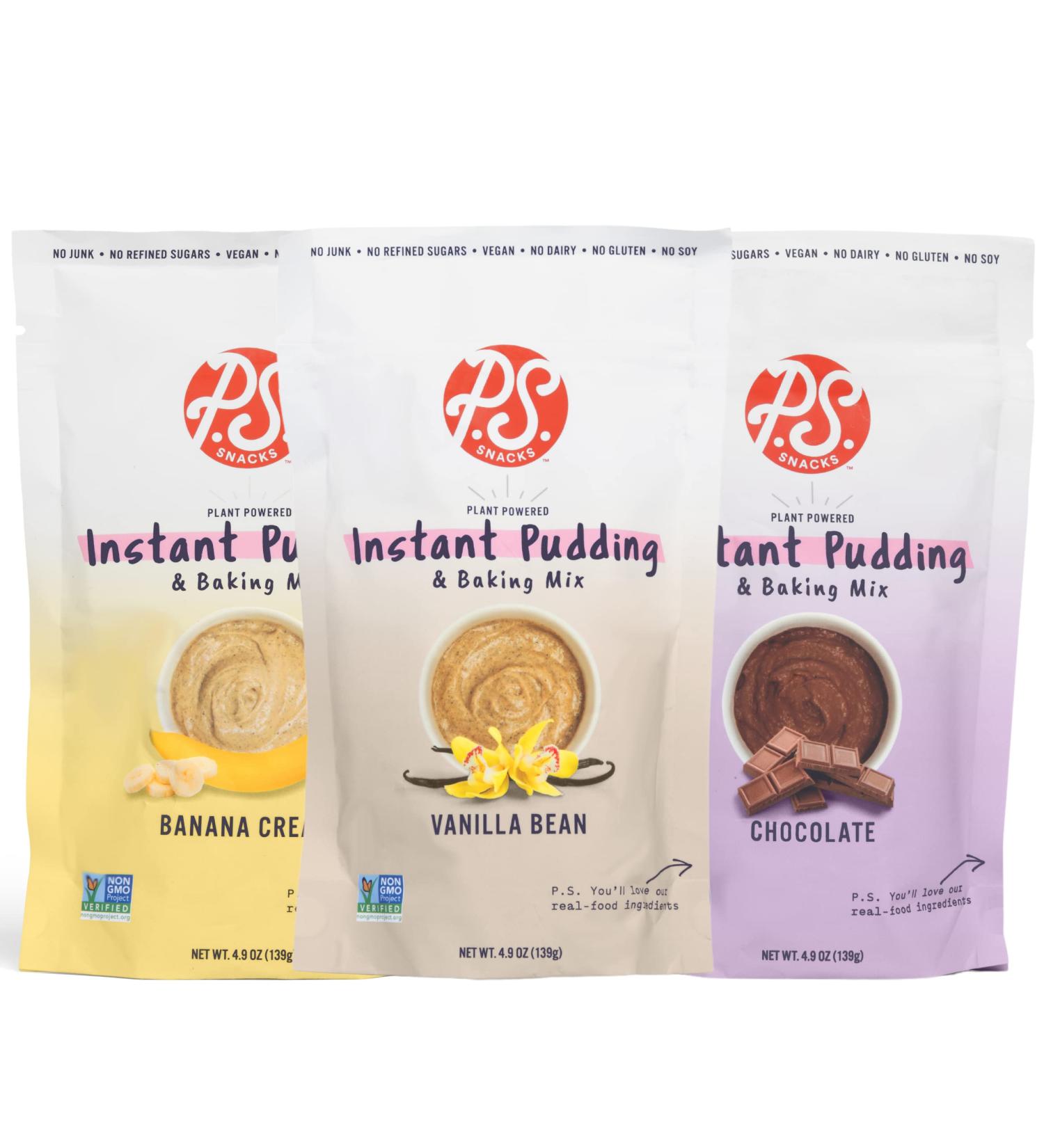 P.S. Snacks Instant Pudding & Baking Mix - Variety Pack (Vanilla Bean, Chocolate, Banana Cream) | Plant Based, Gluten Free, Dairy Free, Vegan | 70% Less Sugar | 4.9 oz (Pack of 3) - Buy Online on GoSupps.com