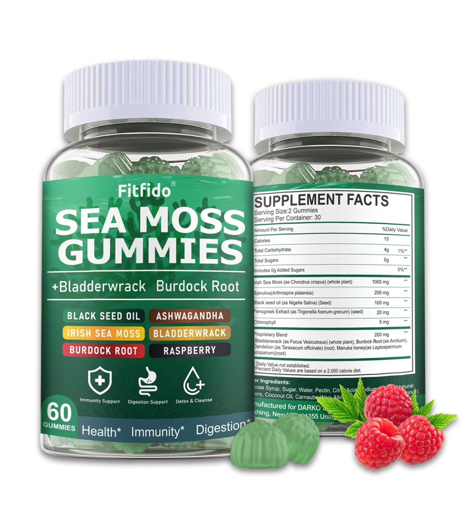 Irish Sea Moss 3000mg Gummies with Bladderwrack Burdock Root & Manuka Honey - Immune Thyroid & Detox Support - Seamoss Supplement Extra Strength - Sugar Free & Vegan (60 Count Raspberry) Raspberry 60 Count (Pack of 1) - Buy Online on GoSupps.com