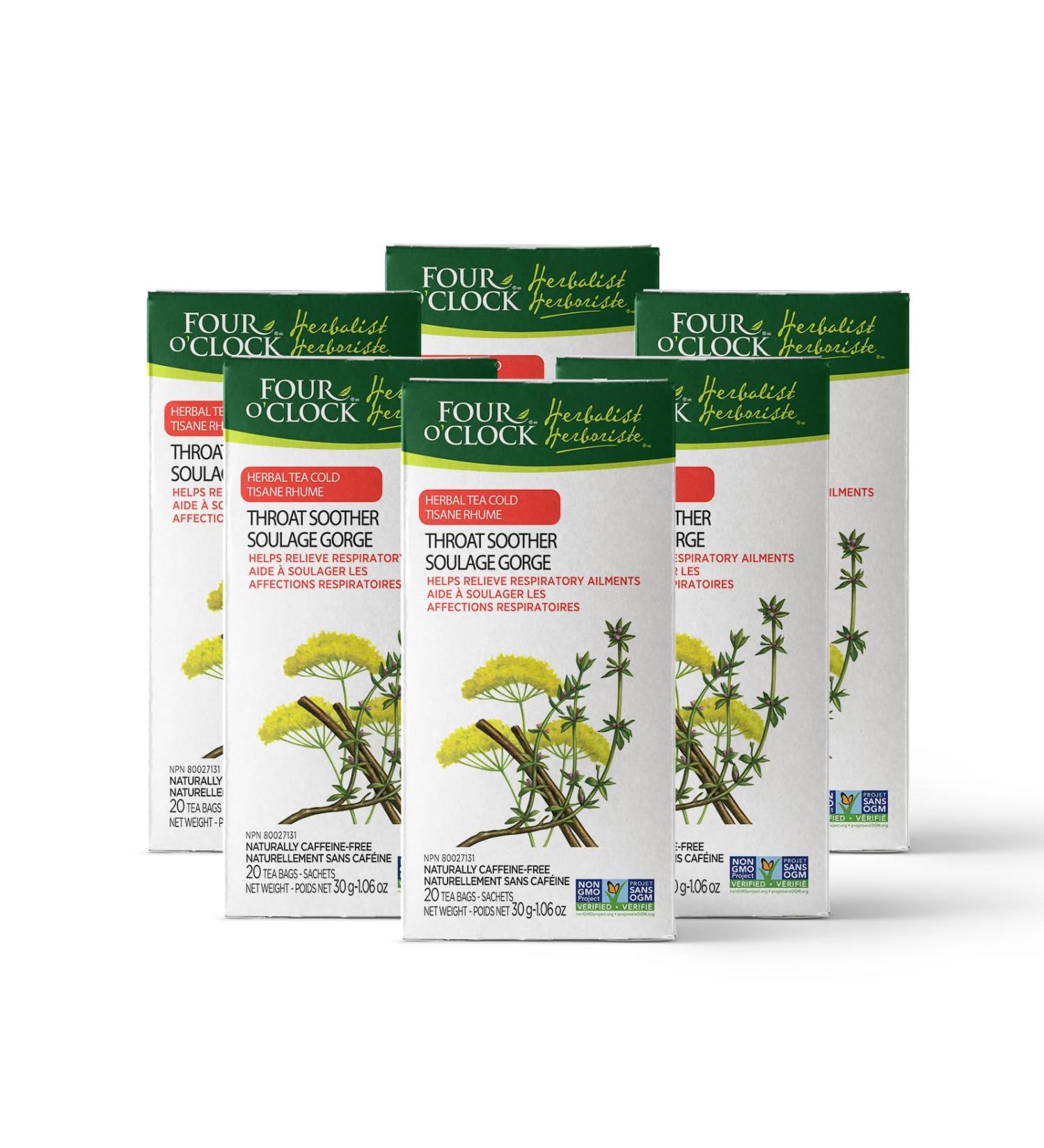 Four O'Clock Herbalist Cold Throat Soother Herbal Tea Non-Gmo Kosher Gluten-Free 6 Packs of 20 Teabags - Buy Online on GoSupps.com