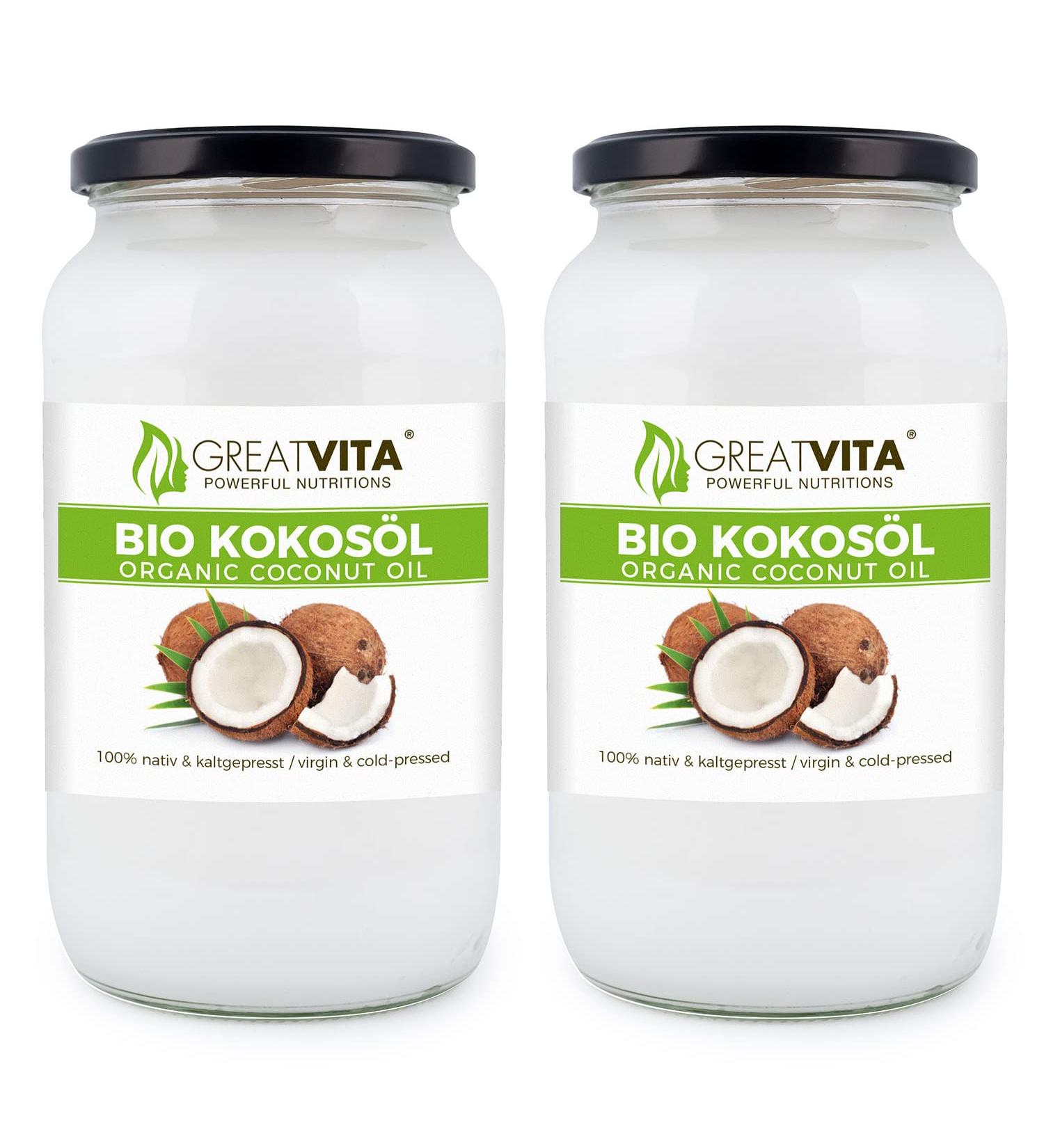 GreatVita Organic Virgin Coconut Oil (2 x 1000 ml) - Premium Cooking Frying Baking & Skin Care in Glass Jars - Shop Now! - Buy Online on GoSupps.com
