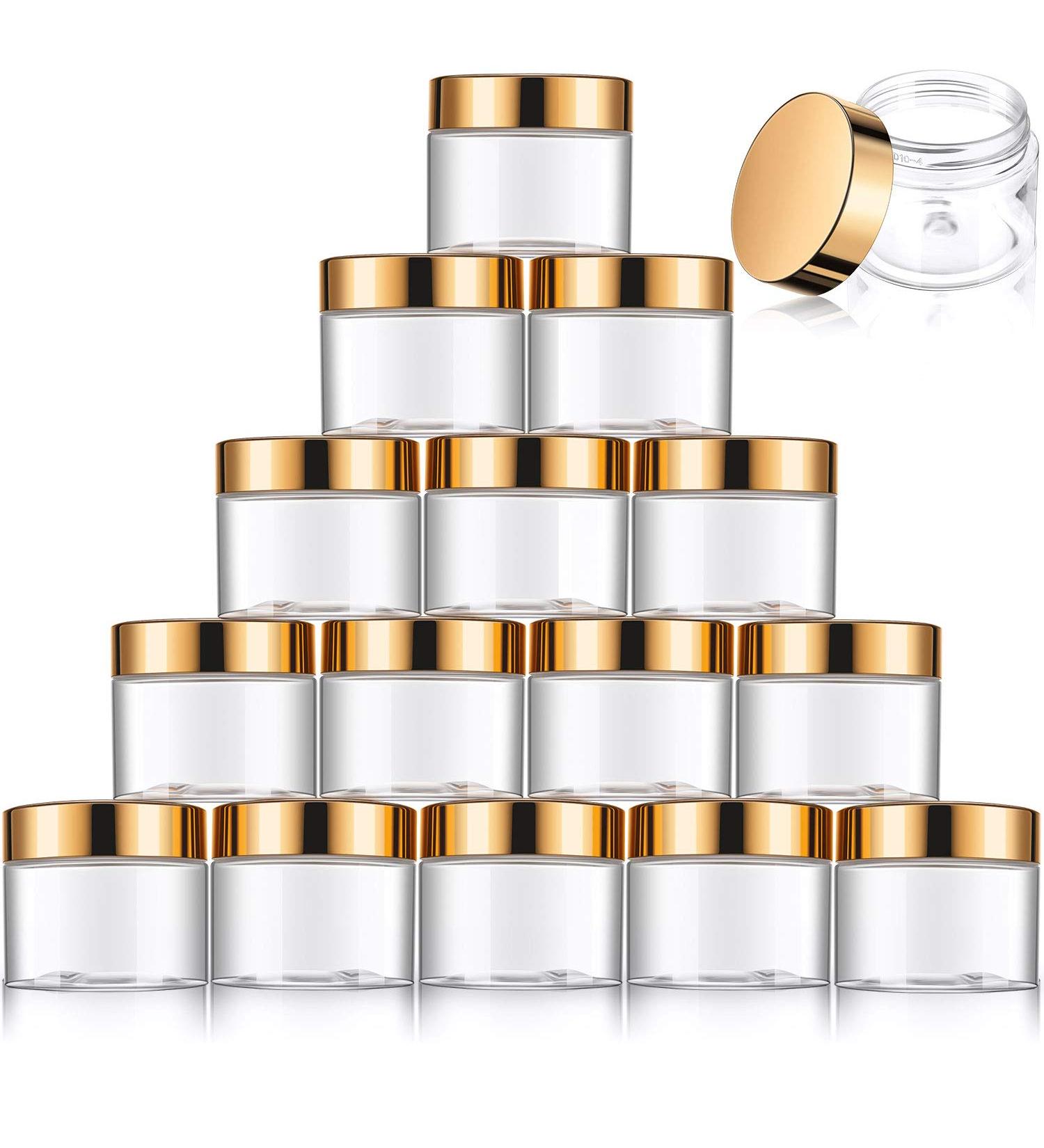 16-Count Clear Leak Proof Plastic Slime Jars with Gold Lids - 2 oz Refillable Containers for Travel, Cosmetics, Lotions, and Creams - Buy Online on GoSupps.com