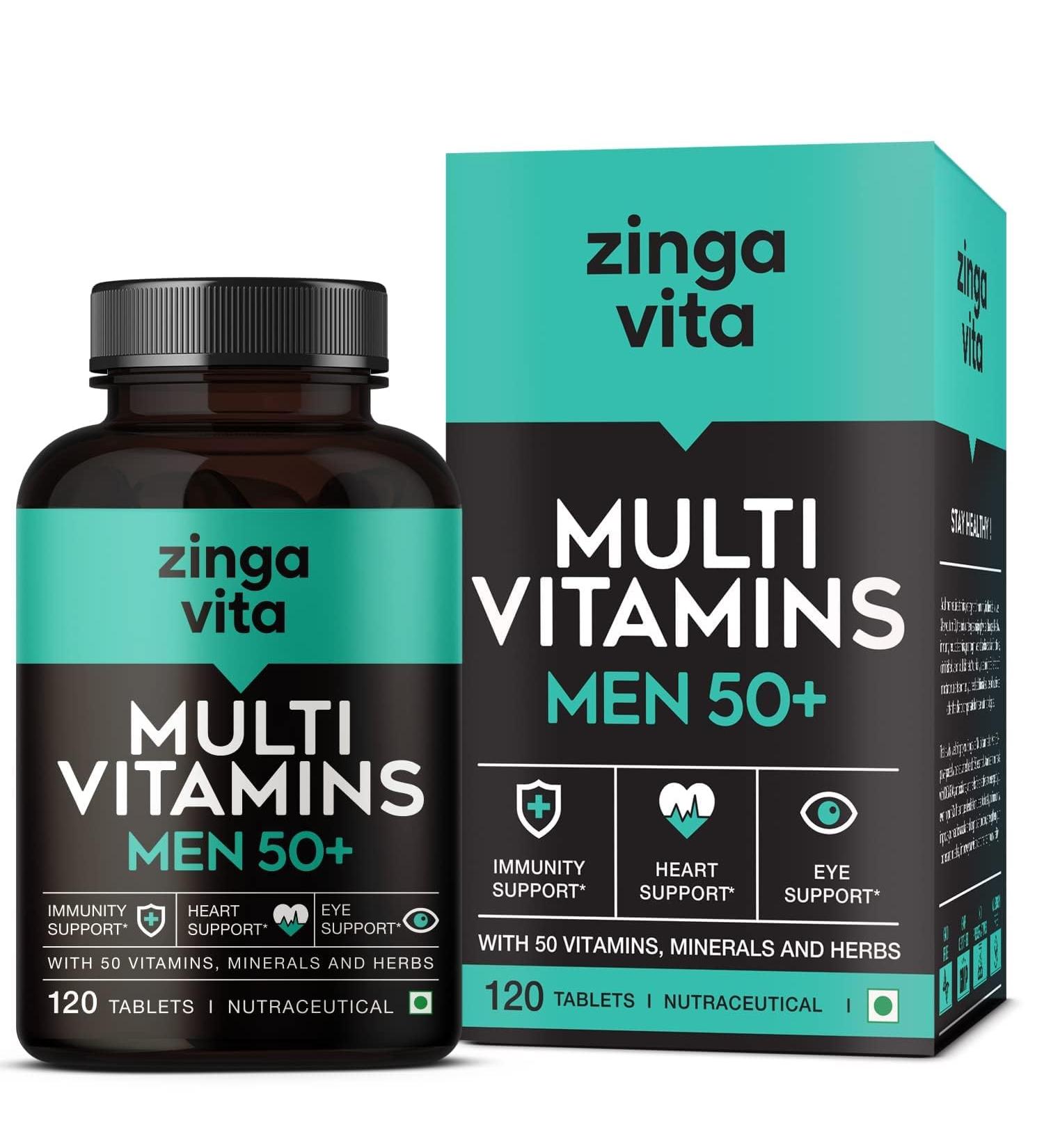 KPVita Multivitamin for Men 50 Plus Age - 120 Tablets | With 50 Vitamins Minerals Herbal Extracts L-Arginine Ginseng & Super Antioxidants Blend for Enhanced Energy Heart Immunity Joints & Eye Support | 1 Veg Tablet Daily - Buy Online on GoSupps.com