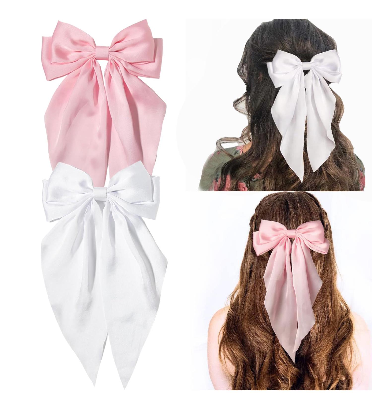 Kinretixia 2 Pieces Hair Bow Clips for Women Large Satin Hair Bows Long Tail Alligator Clips Big Hair Bow Girls Hair Pink/White - Buy Online on GoSupps.com