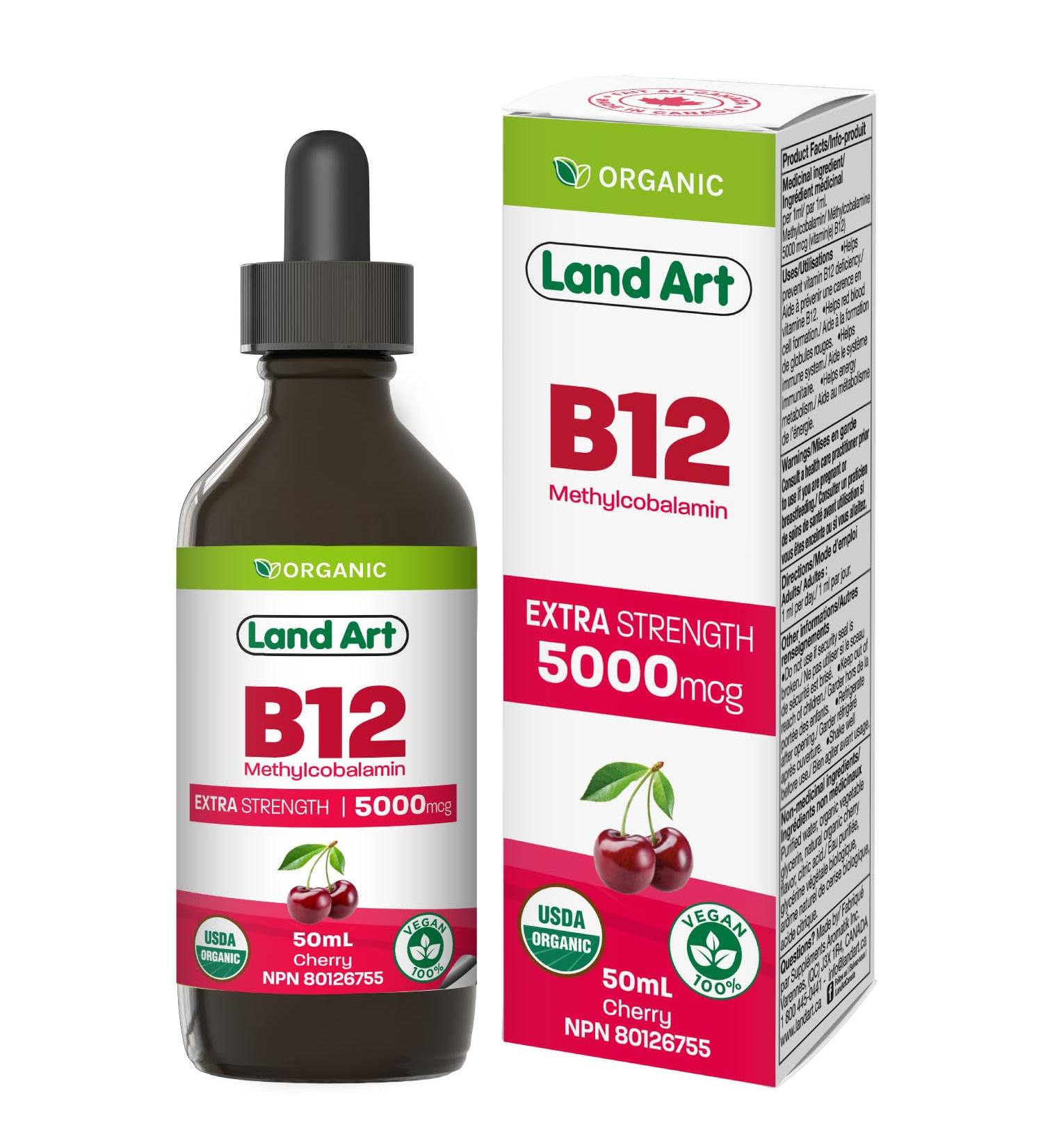 Certified Organic Vitamin B12 5000mcg Drops Methylcobalamin 50 Servings Land Art - Vegan - Sugar Free Maximum Absorption Made in Canada - Buy Online on GoSupps.com