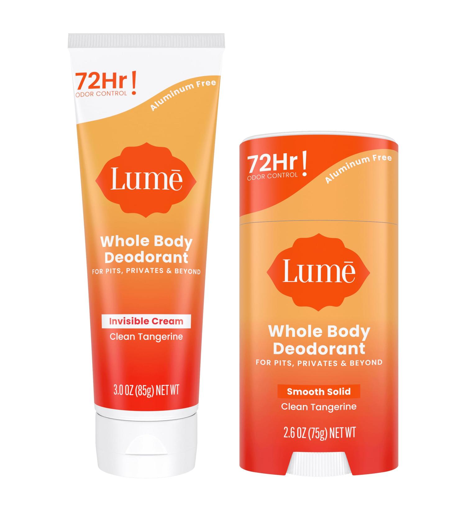 Lume Whole Body Deodorant Bundle - 72-Hour Odor Control - Aluminum and Baking Soda Free - Clean Tangerine Scent - 3.0oz Tube and 2.6oz Stick - Buy Online on GoSupps.com