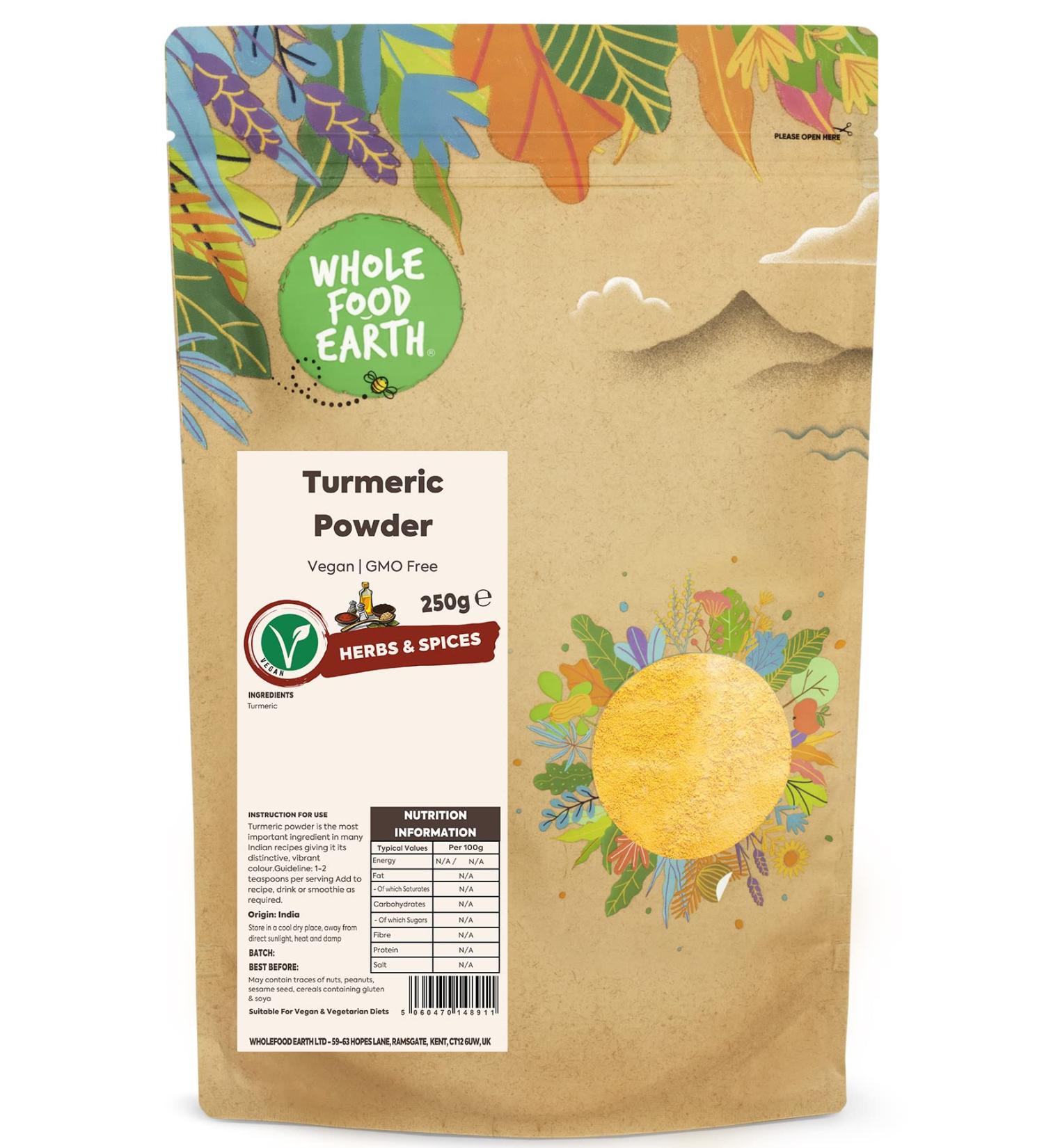 Wholefood Earth Turmeric Powder 250g - Vegan, GMO-Free, Rich in Curcumin - Buy Online on GoSupps.com