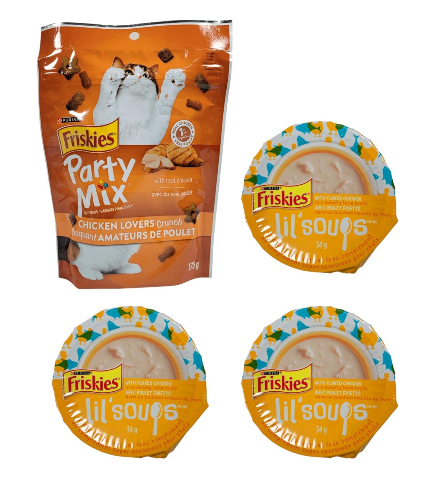 Friskies Party Mix Chicken Lovers Crunchy Cat Treats & Lil' Soups Wet Cat Food Complements Chicken & Tuna Broth (4-Pack Variety) - Buy Online on GoSupps.com