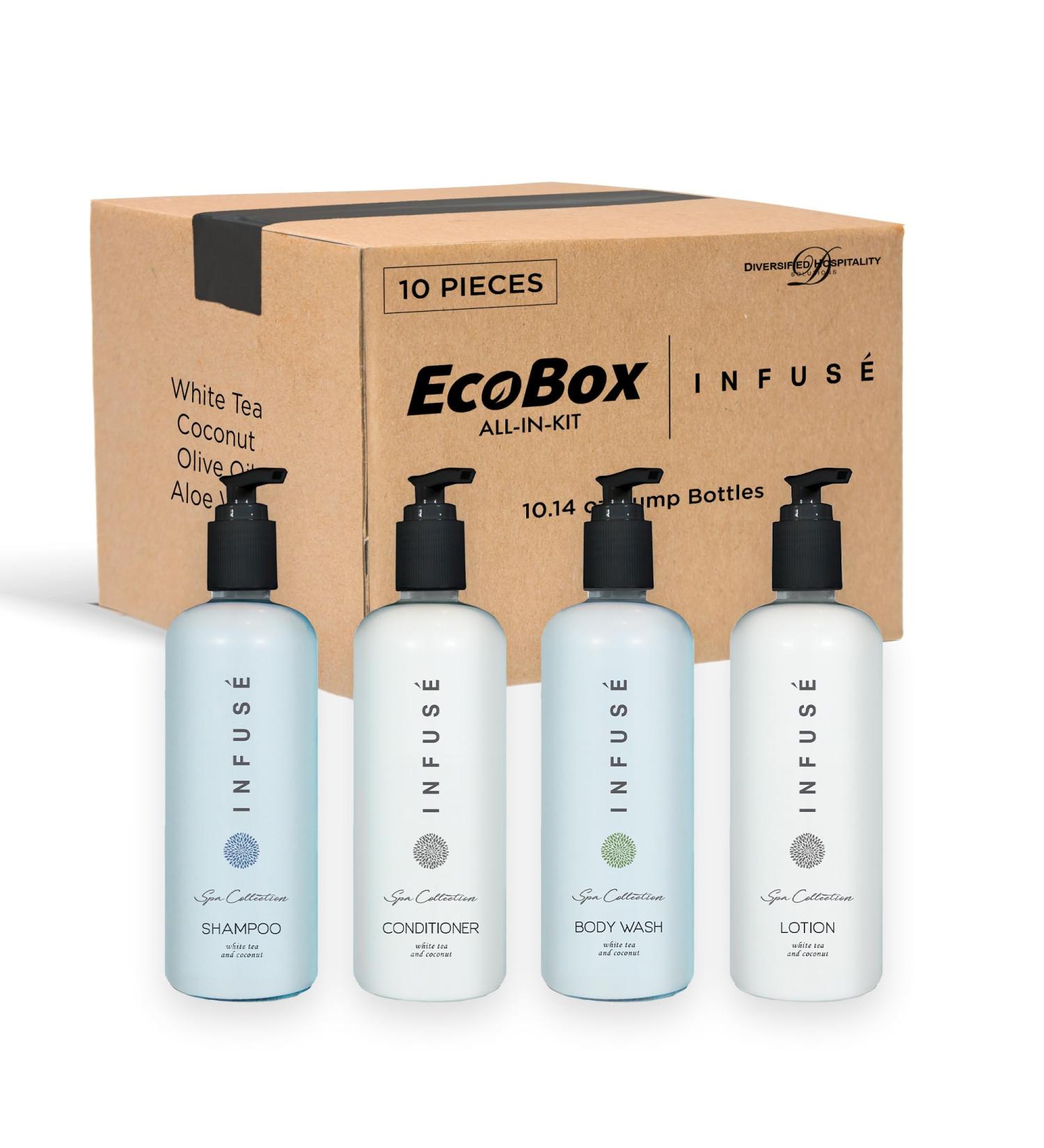 Shoppe Aquavera 10 Piece Ecobox | White Tea & Coconut Soap | Shampoo Conditioner Body Wash & Lotion Set | Bulk Hotel Toiletries | International Shipping - Buy Online on GoSupps.com