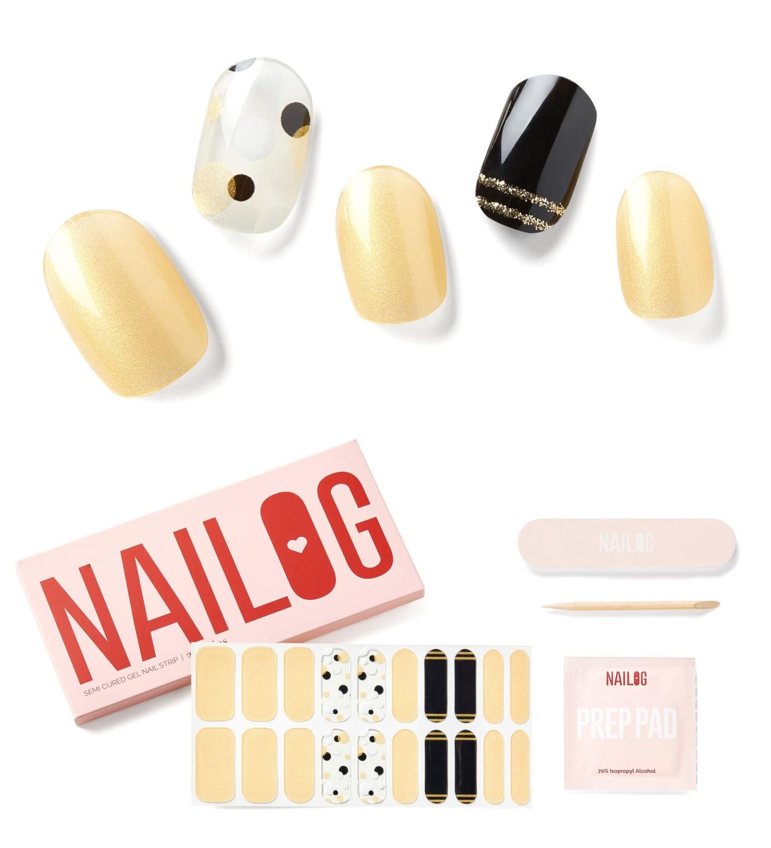 NAILOG Semi Cured Nail Strips - 20 Extra Long Polish Stickers for Glossy & Long-Lasting Nails in Golden Pearlescent Glitter - Bonbon - Buy Online on GoSupps.com