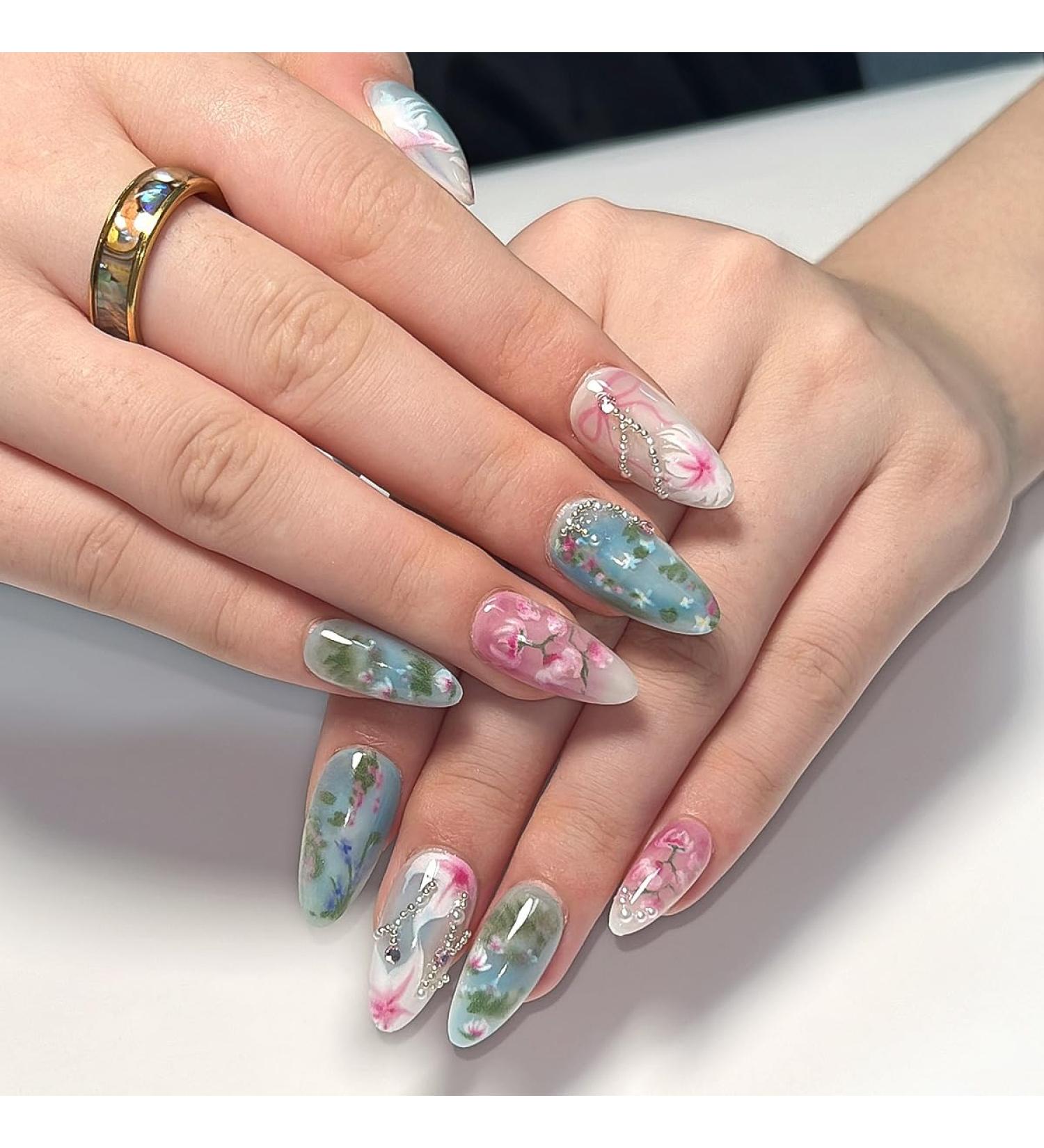 Buy Medium Almond Press on Nails - 24PC Glossy 3D Fake Nails with Flowers Rhinestones & Pearl Chain | Reusable Halloween Nail Kit for Women - Buy Online on GoSupps.com