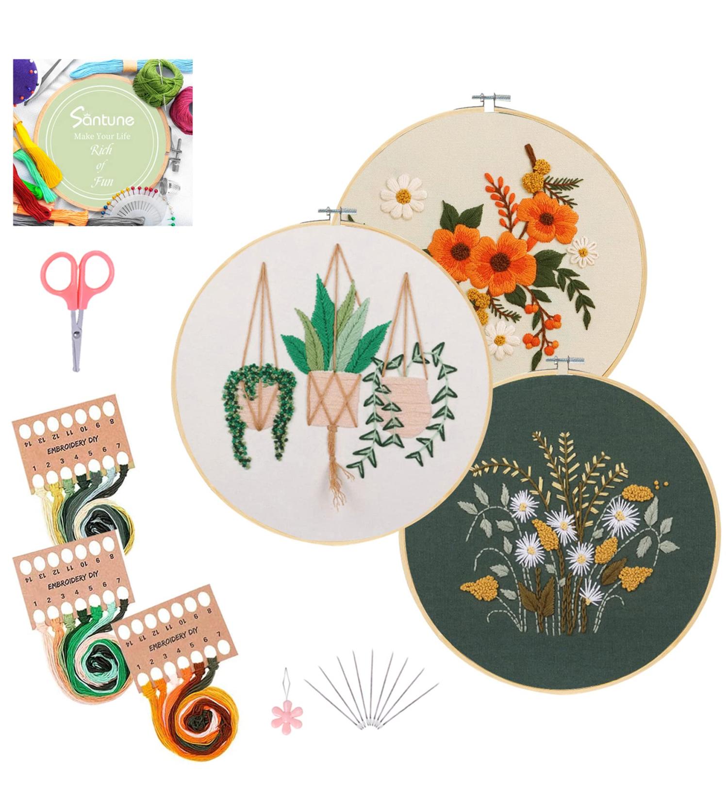Santune 3 Sets Embroidery Starter Kit with Patterns & Instructions - Cross Stitch Set for Clothes - Includes Stamped Kits & Hoops - Plants Flowers Design - Buy Online on GoSupps.com