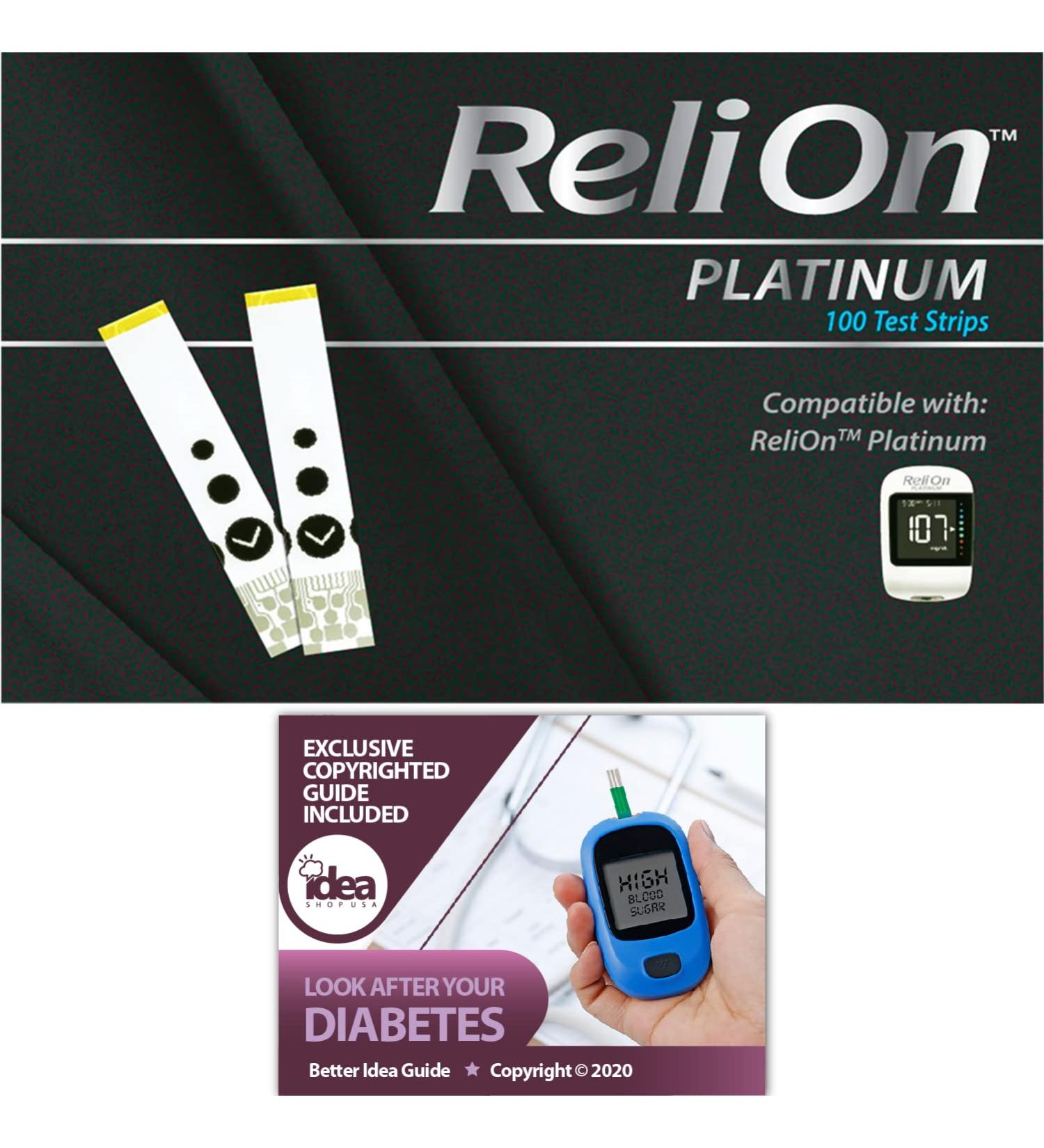 ReliOn Platinum Blood Glucose Test Strips 100 Ct Bundle - 100 Test Strips + Diabetes Care Guide - Buy Online on GoSupps.com