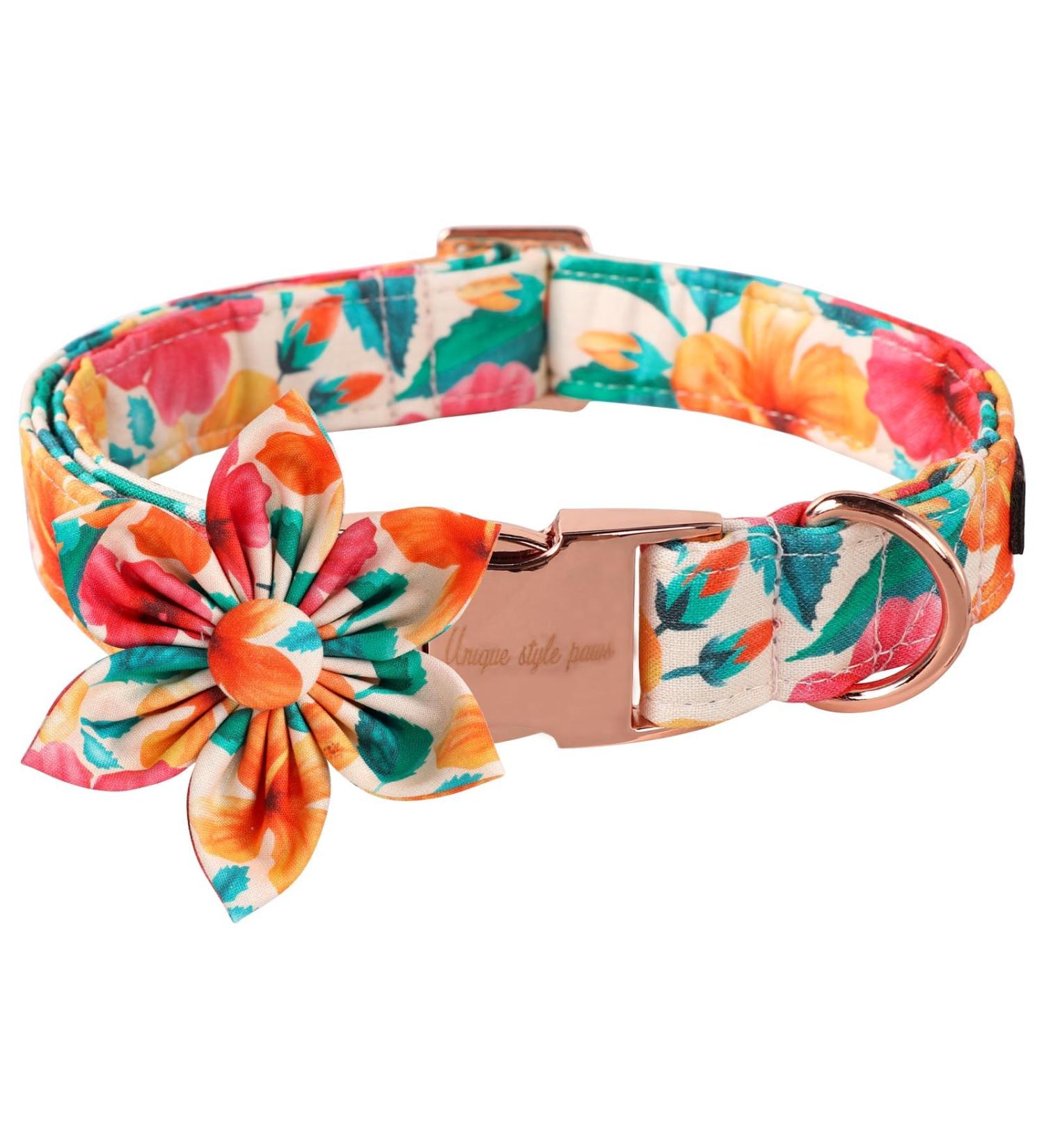 Unique Style Paws Flower Dog Collar | Colorful Adjustable Cotton Collar for Boys & Girls | Metal Buckle | Medium Size for Dogs - Orange & Pink Flowers - Buy Online on GoSupps.com