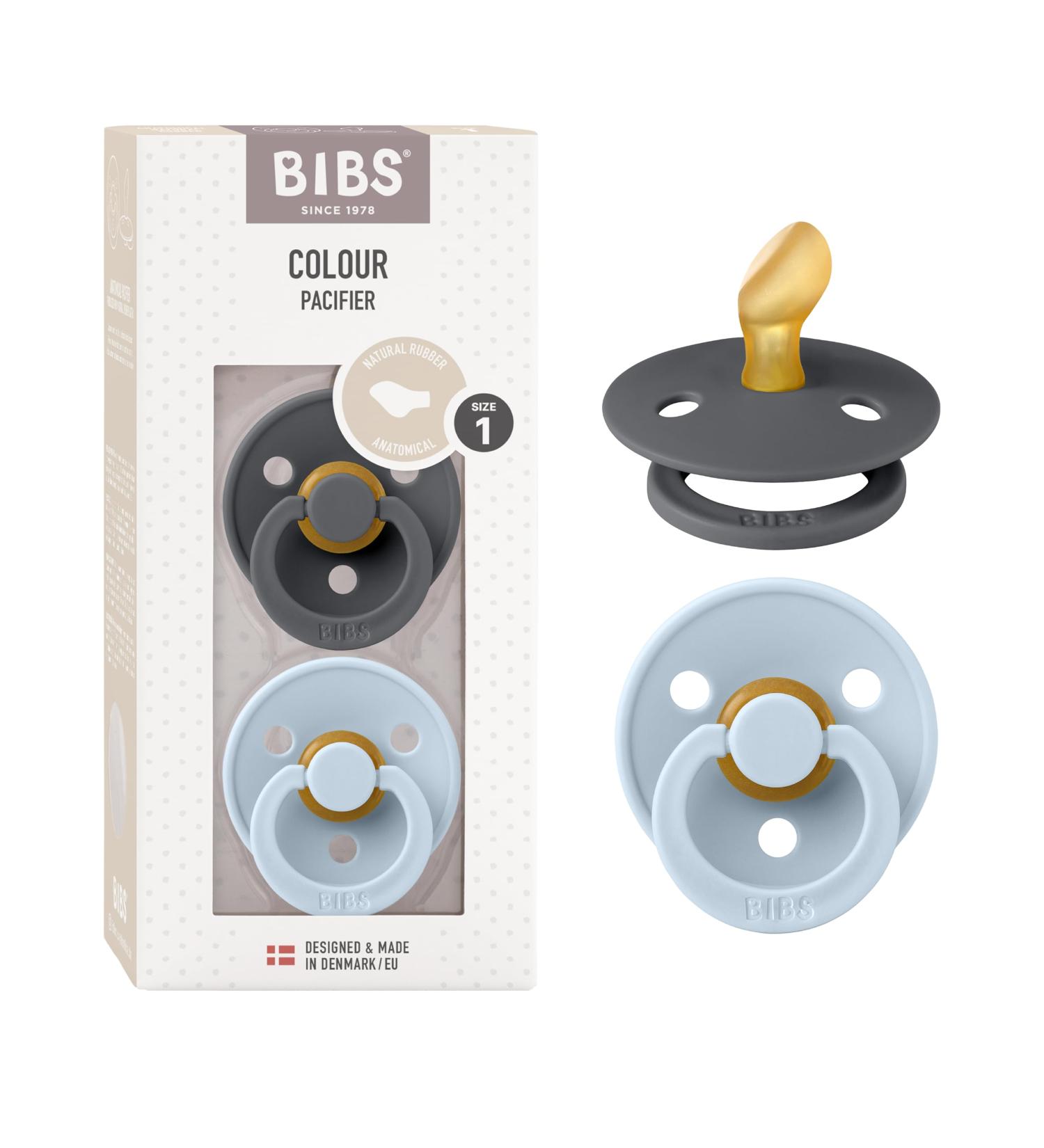 BIBS COLOUR Anatomical Silicone Pacifier 2 Pack - BPA-Free Jaw-Friendly Natural Rubber Made in Denmark for 0-6 Months - Iron & Baby Blue - Buy Online on GoSupps.com