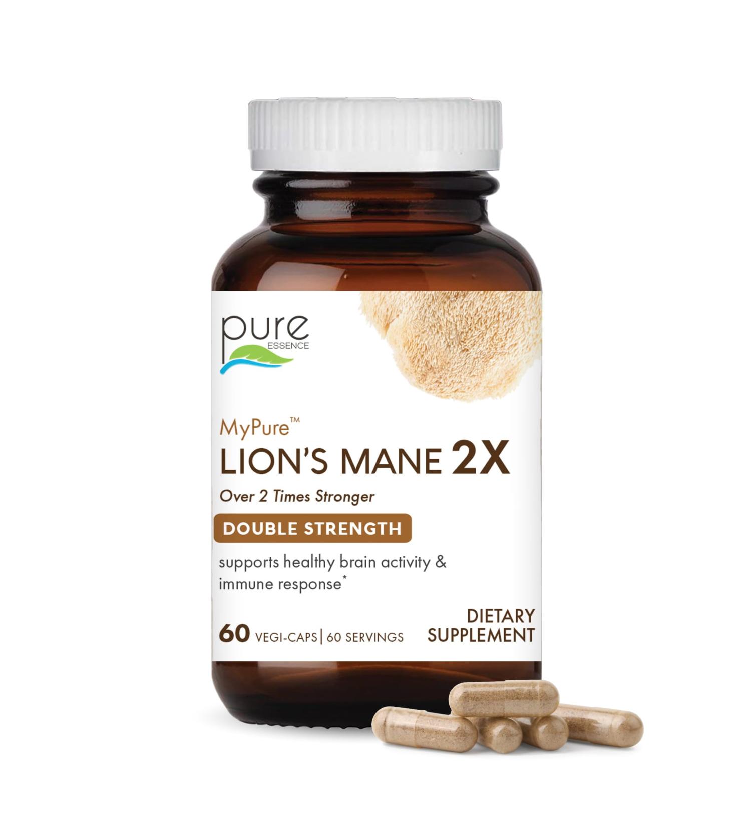 PURE ESSENCE LABS MyPure Lion's Mane 2X - Double Strength Brain Support Supplement with 100% Organic Fruiting Body Lion's Mane for Cognitive Health, Focus, Memory & Mental Clarity, 60 Capsules 60 Count (Pack of 1) - Buy Online on GoSupps.com