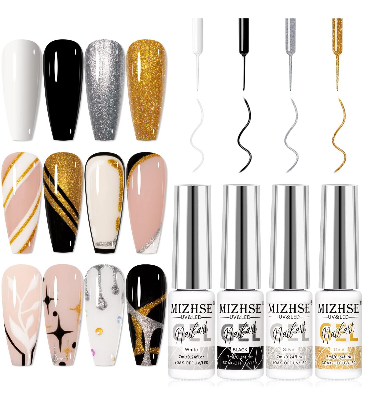 MIZHSE Nail Art Gel Liner Polish Set UV Gel Nail Polish 4 Colours Nail Art Kit French Manicure Gel Polish For DIY Nail Studio Black White Nail Polish Glitters Nail Art Gel 7ml*4 - Buy Online on GoSupps.com