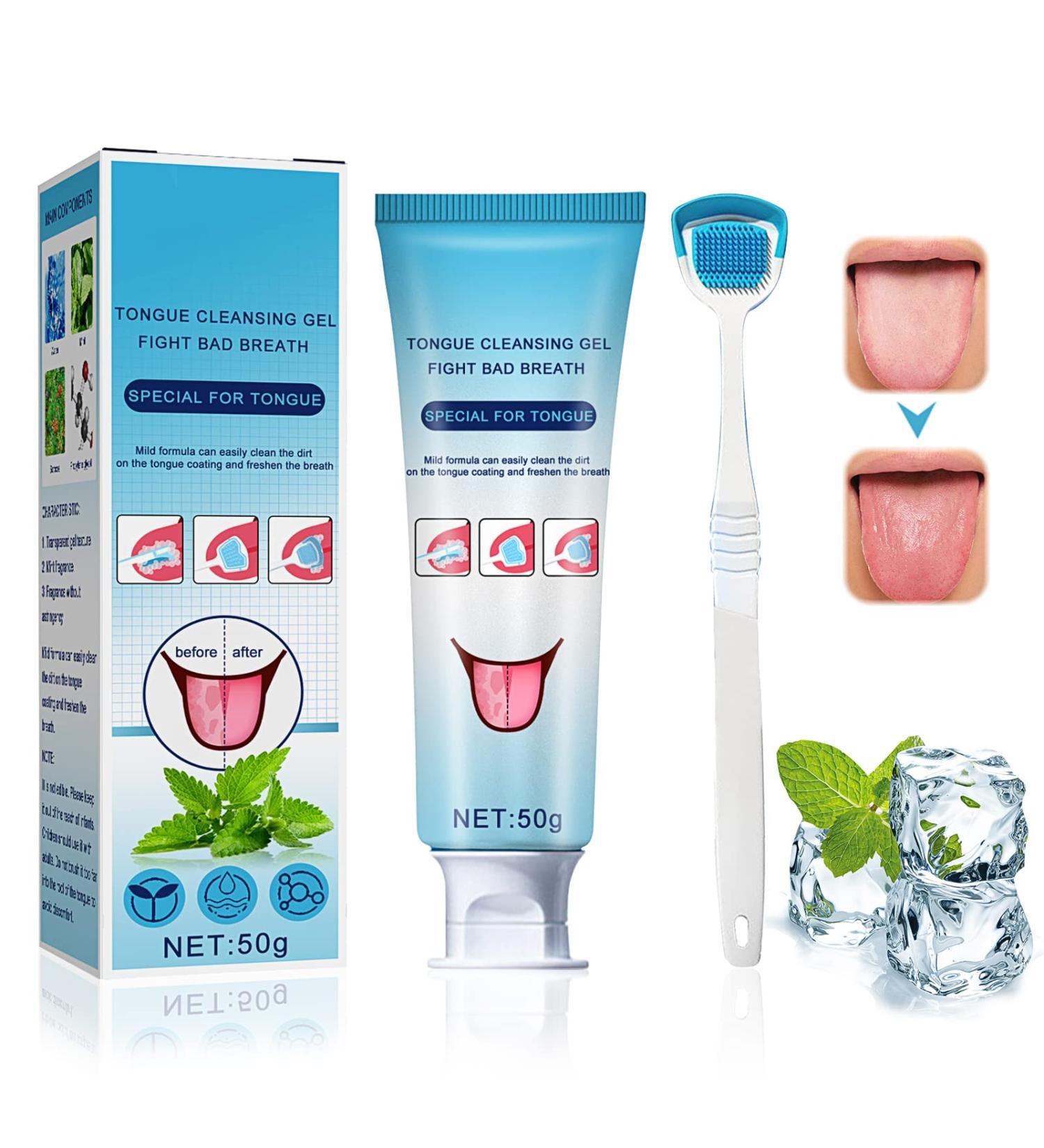 Fresh Mint Tongue Cleaner Gel Set with Brush - Oral Care Kit for Bad Breath Removal - Buy Online on GoSupps.com