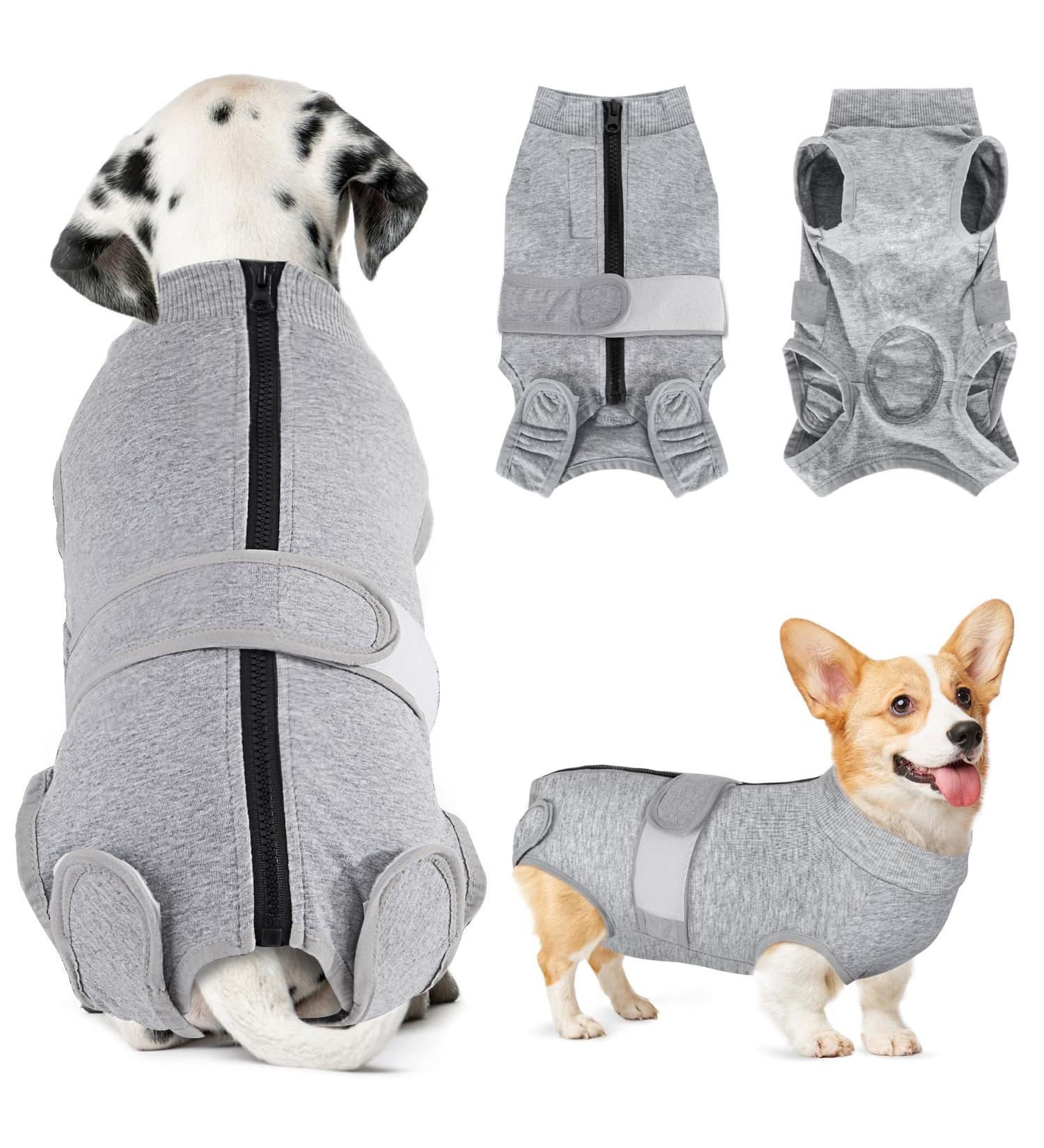 Slowton Dog Recovery Suit - Soft Breathable Anti-Wound Licking Zipper Suit for Male Dogs After Surgery - Comfortable E-Neck Band Gray - Buy Online on GoSupps.com