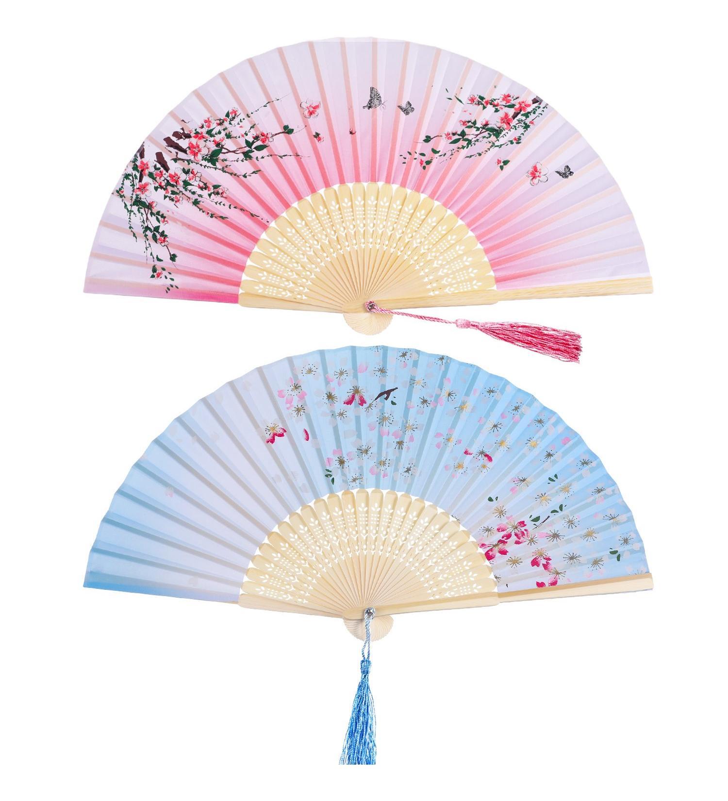 2 Pieces Folding Fans Handheld Fans Bamboo Fans with Tassel Women's Hollowed Bamboo Hand Holding Fans for Wall Decoration Gifts (Pink Peach Blossom and Blue Cherry Pattern) Blue Pink - Buy Online on GoSupps.com