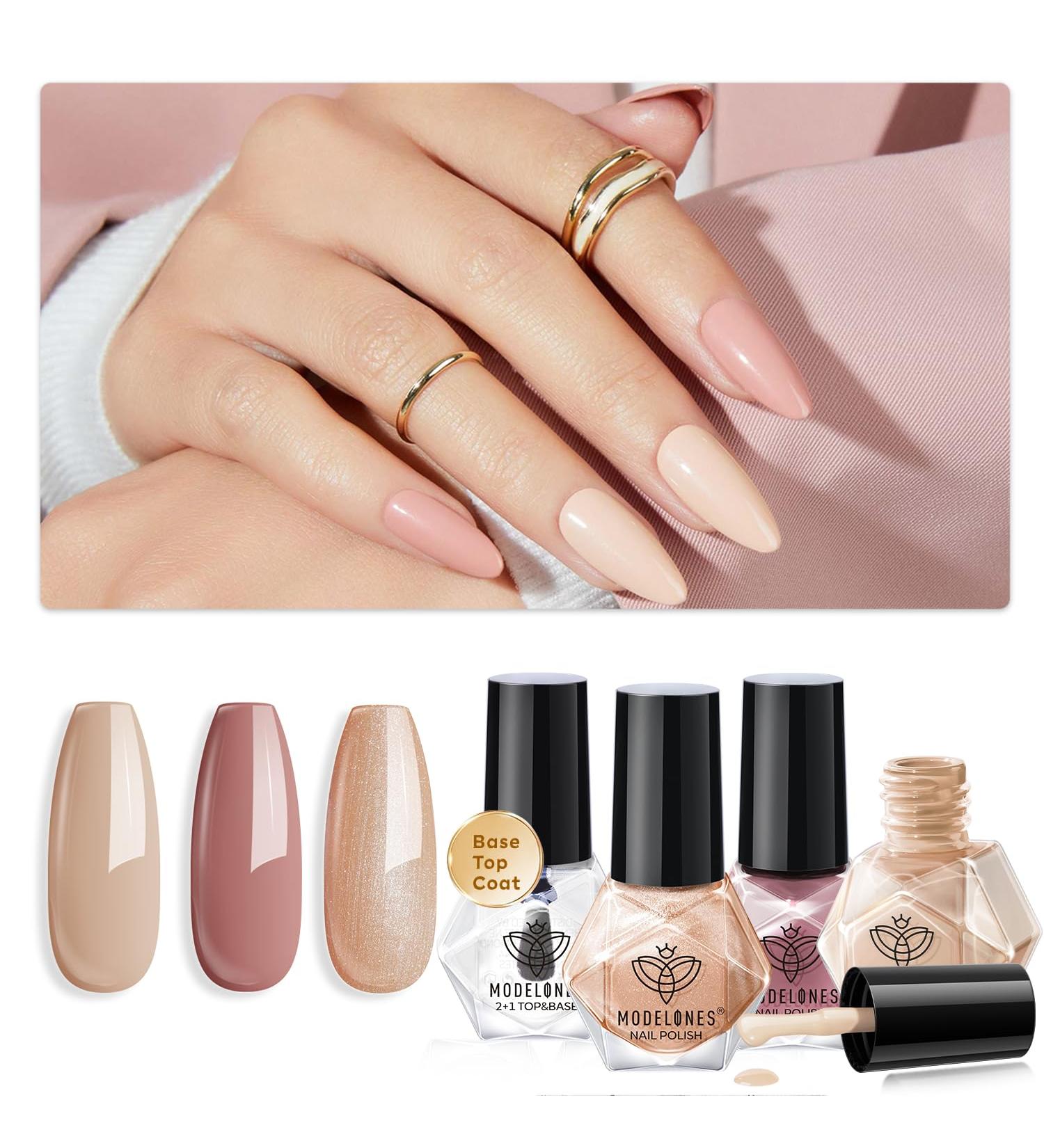 Modelones Nude Glitter Nail Polish Set - Quick Dry Base & Top Coat Remover Pads - Mini Manicure Kit for Women & Girls - Perfect Gift for Fall - Buy Online on GoSupps.com