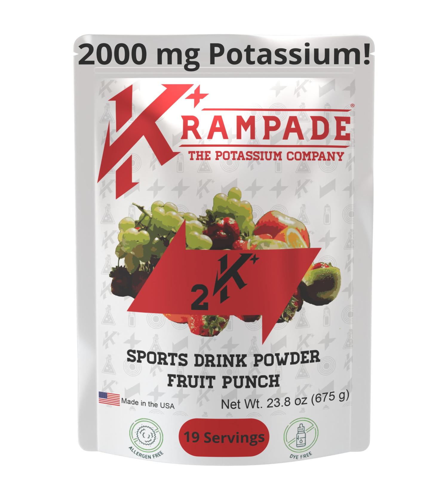 Krampade High Potassium Electrolytes Powder Fruit Punch 4180mg Electrolytes 2000mg Potassium Cramp Relief & Prevention Cellular Hydration Better Endurance & Recovery 19 Servings Bulk Powder - Buy Online on GoSupps.com