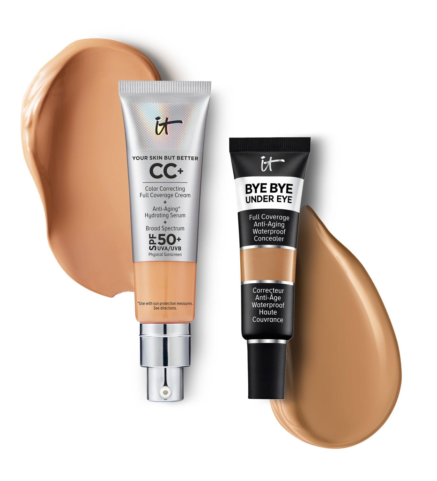 IT Cosmetics CC+ Cream with SPF 50+ Natural Finish Full Coverage Foundation (Neutral Tan - 1.08 fl oz) & Bye Bye Undereye Concealer Anti-Aging Makeup (33.5 Tan Natural - 0.4 fl oz) - Buy Online on GoSupps.com
